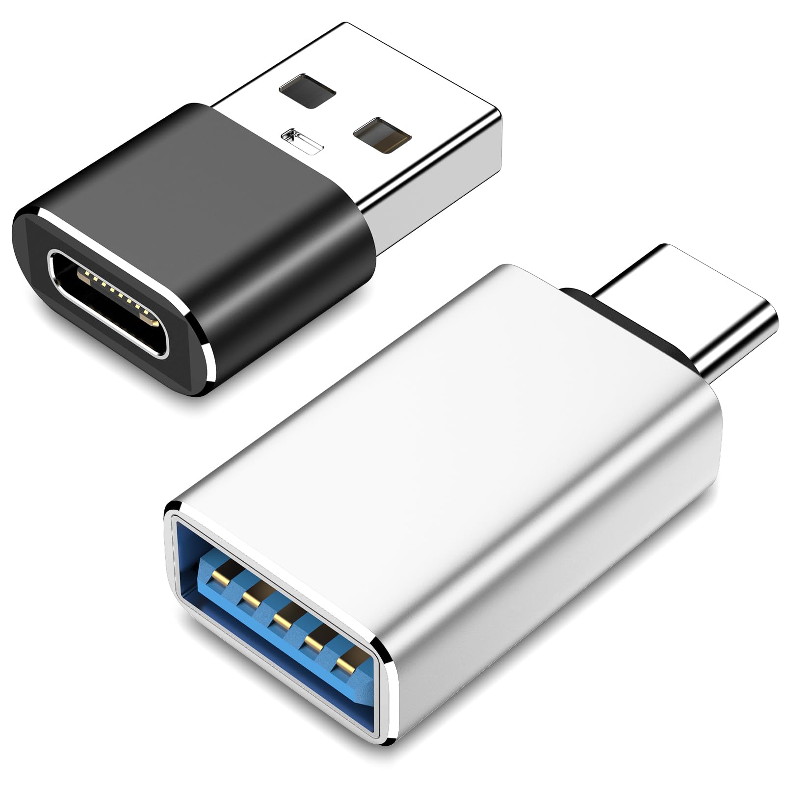 2-Pack USB to USB C Adapter Converter - USB 3.0 to Type C & USB C to USB OTG Adapter for MacBook Air/Pro, iPhone 15 Pro Max, iPad, Apple Watch, Samsung - Compatible with Thunderbolt Devices (Black+Silver) - Perfect for Charging, Data Transfer & Device Connectivity