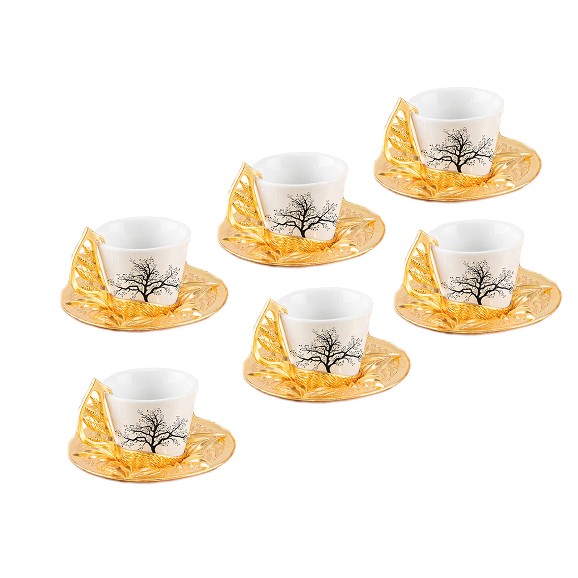 Authentic Handmade Turkish Coffee Cups Set of 6 - Gold Arabic Espresso Cups with Saucers, Traditional Greek & Bosnian Coffee Set - Perfect Gift for Home, Office & Coffee Lovers