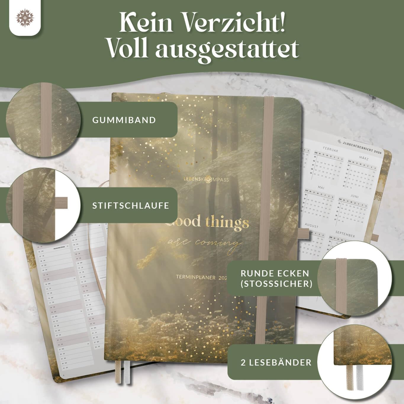 2025 Lebenskompass A5 Forest Hardcover Planner - Weekly & Appointment Calendar with Elegant Foil Embossing - Perfect for Office, School & Personal Organization
