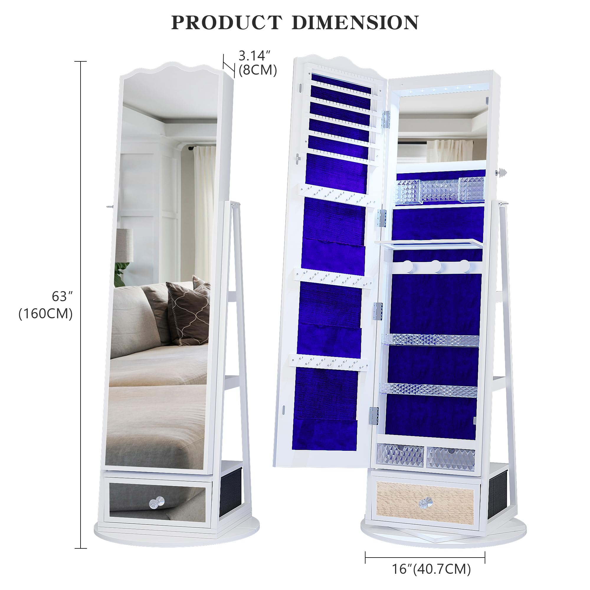 360° Rotating Jewelry Armoire with Full Length Mirror - Large Capacity Jewelry Organizer with LED Lights & Lock - Floor Standing Mirror with Storage Shelves for Necklaces, Rings & Accessories - Perfect for Bedroom, Closet & Dressing Room (White)