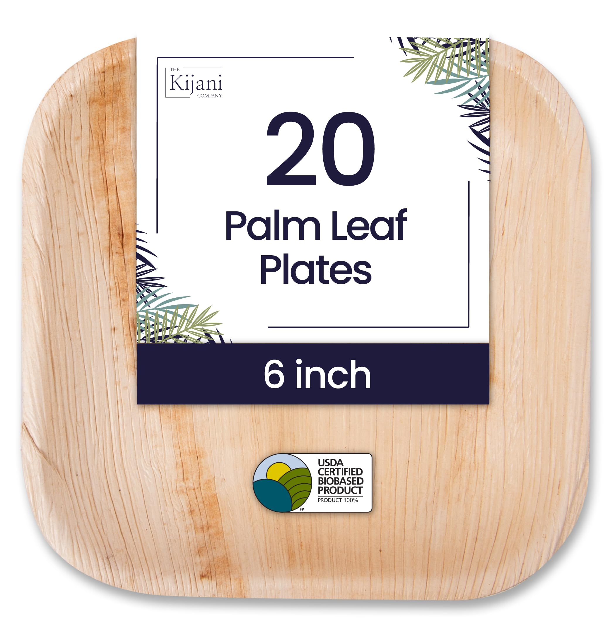 Eco-Friendly 6 Inch Square Palm Leaf Plates - 20 Pack | Biodegradable & Compostable Disposable Bamboo Plates | Premium Sturdy Wood-Style Dessert Plates for Parties, Picnics, Weddings & Sustainable Dining