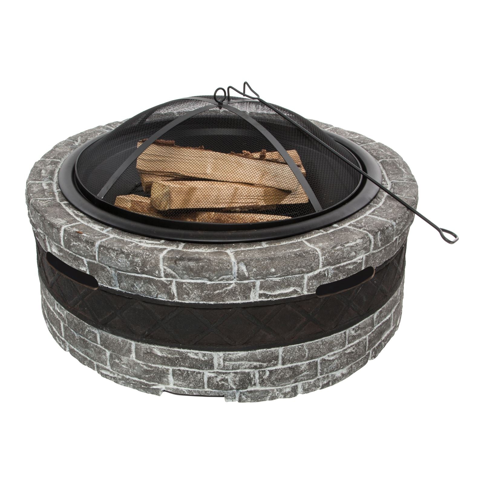 Sun Joe SJFP35 CS STN 35-Inch Wood Burning Fire Pit with Cast Stone Base, Dome Screen & Poker - Perfect for Backyard, Patio, and Outdoor Gatherings
