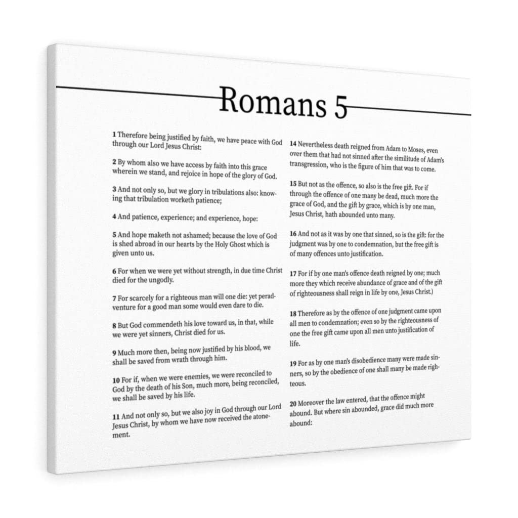 Bible Art Canvas - Romans Chapter 5 Landscape Christian Wall Decor | White Scripture Print for Home, Church & Office | Inspirational Gift for Weddings, Baptisms & Religious Occasions