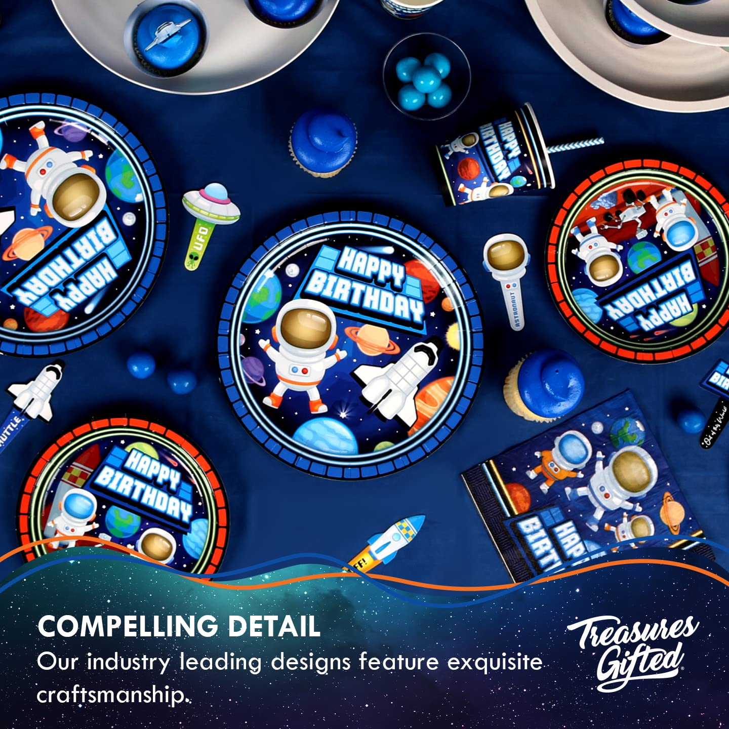 Outer Space Party Decorations Set for 16 Guests - Astronaut Themed Dinnerware with Plates & Napkins - Perfect for Space Birthday Parties, Kids' Astronaut Theme Events & Galactic Celebrations