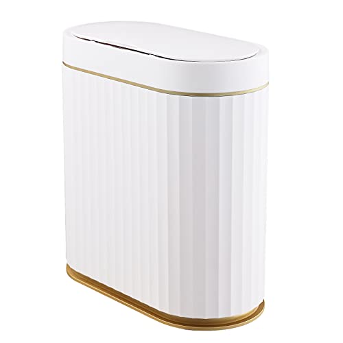 ELPHECO 2.5 Gallon Automatic Motion Sensor Trash Can - Waterproof Touchless Garbage Bin for Bathroom, Kitchen, Office - White with Gold Trim (Perfect for Hygienic Waste Disposal in Homes & Workspaces)