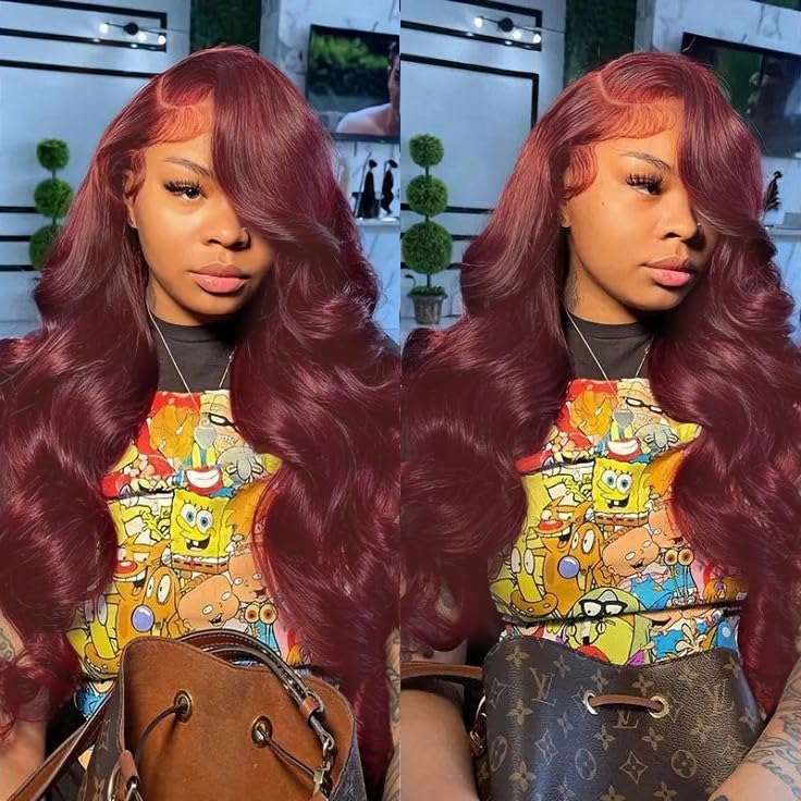 99J Burgundy 28 Inch Body Wave Lace Front Wig for Women - 13x4 Transparent Lace Human Hair Wig with Pre-Plucked Hairline & Baby Hair - 180% Density Red Human Hair Wig for Everyday Wear & Special Occasions