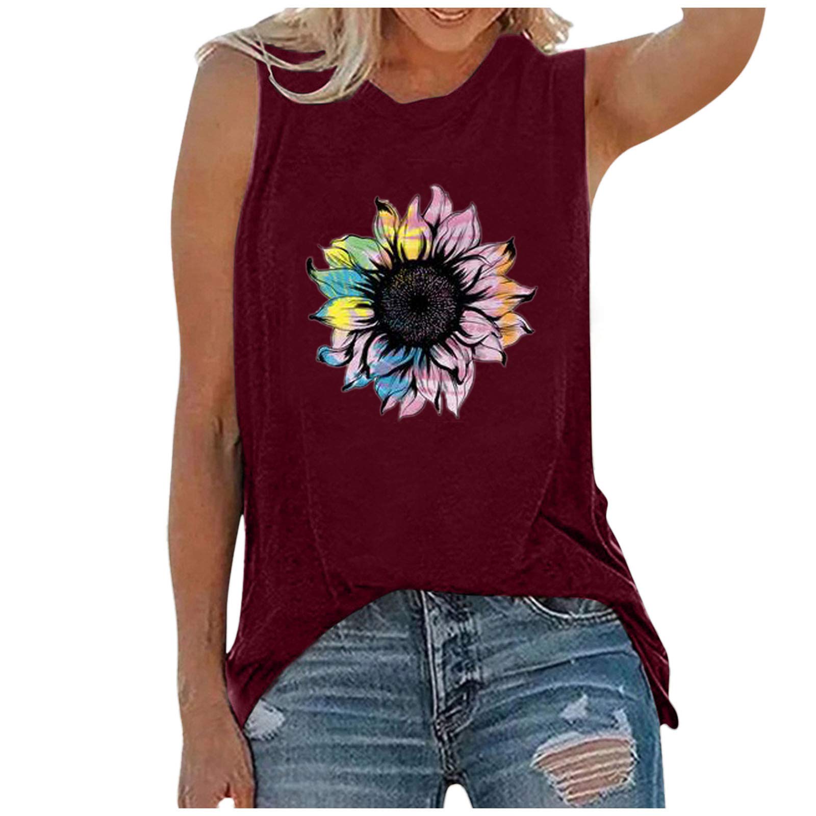 **Women's Fashion Sunflower Print Tank Tops - Casual Basic Summer Sleeveless Shirts for Going Out, Beach, Gym & Everyday Wear**