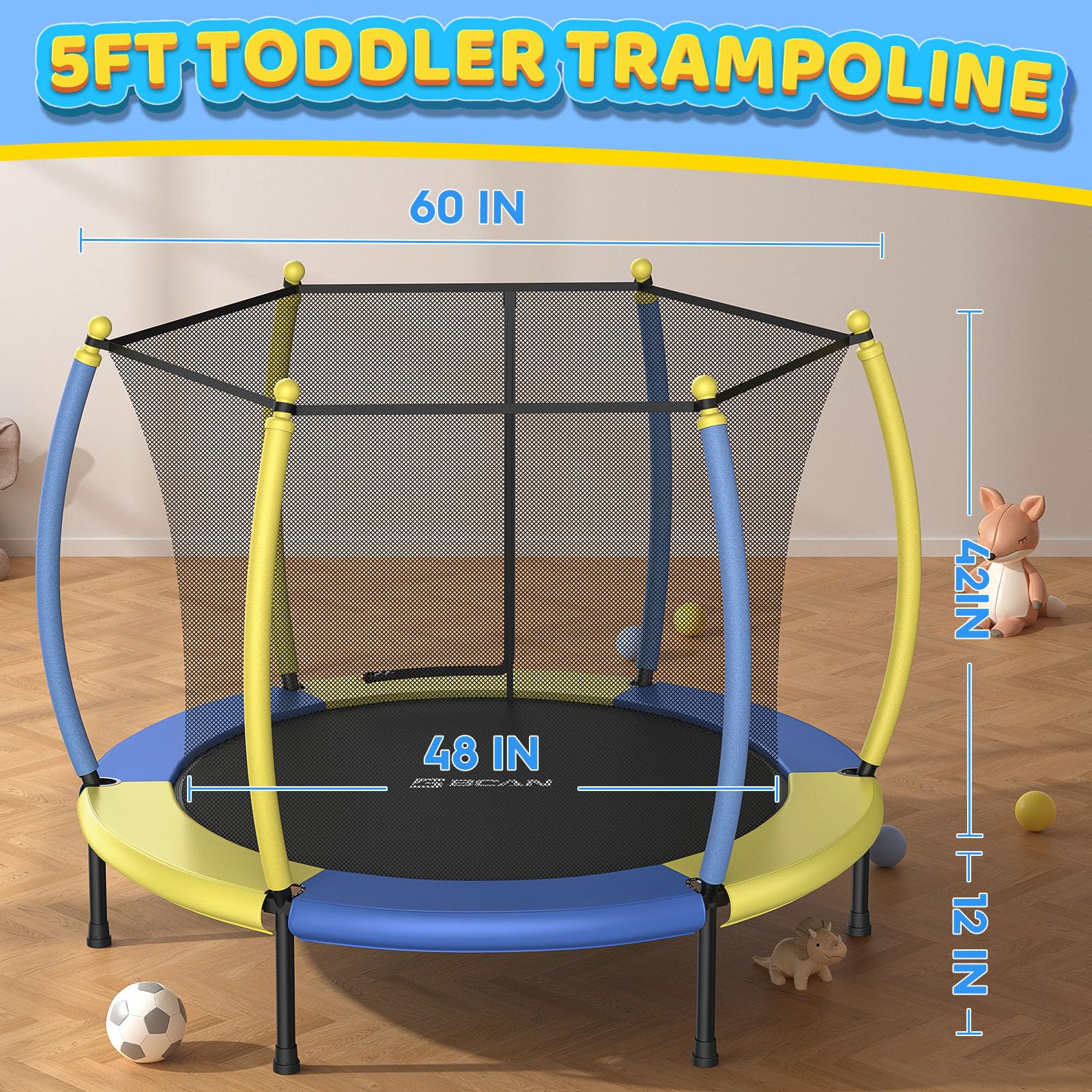 BCAN 5FT Kids Trampoline with Safety Enclosure Net - Adjustable Gymnastics Bars & Basketball Hoop for Ages 1-8 | Indoor/Outdoor Mini Trampoline with Foam Handle | Perfect Birthday Gift for Toddlers Boys & Girls | Backyard Play, Exercise & Family Fun Activity