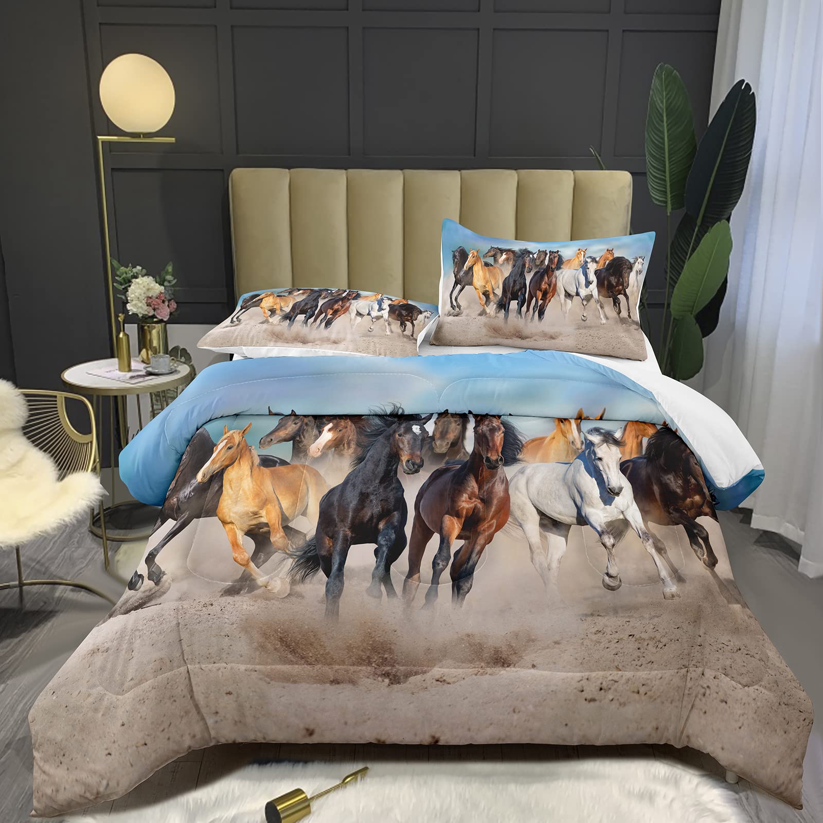 Bodhi Horses Comforter Set Full Size for Kids - 3D Animal Print Comforter with 2 Pillowcases, Soft Grass Horse Design for Boys & Girls Bedroom Decor (#4002) - Perfect for Nursery, Kids Room, and Cozy Sleepovers