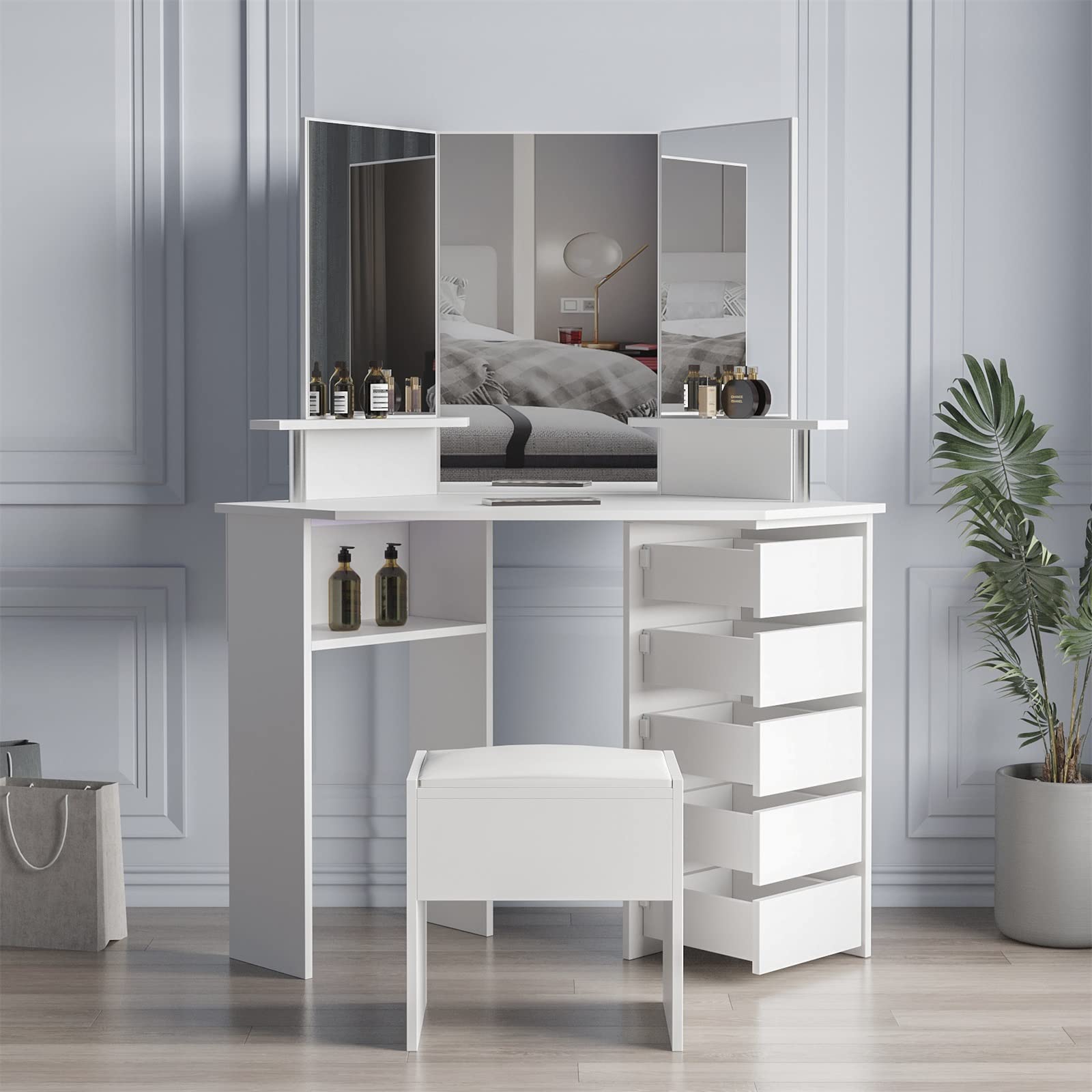 Holaki White Wooden Corner Dressing Table with 3-Fold Mirror & 5 Rotary Drawers - Makeup Vanity Desk with Cushioned Stool for Bedroom, Perfect for Small Spaces & Beauty Organization