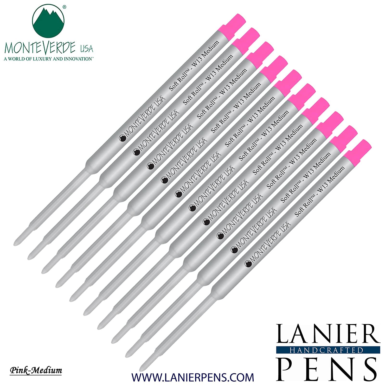 Monteverde Soft Roll Ballpoint Ink Refills 10-Pack - Compatible with Waterman Style Pens - Medium 0.7mm Pink Ink - Perfect for Office, School & Everyday Writing Needs