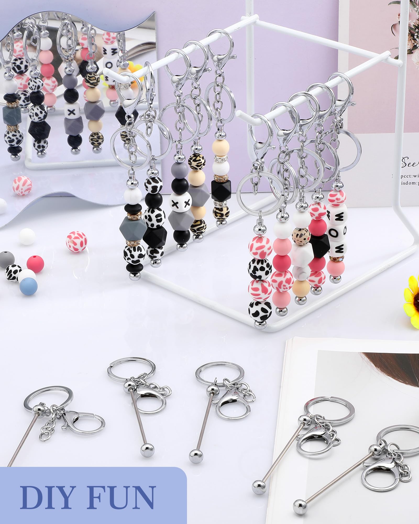 DIY Beadable Keychain Bars - 96 Pcs with Resealable Pouches for Jewelry Making & Gifts
