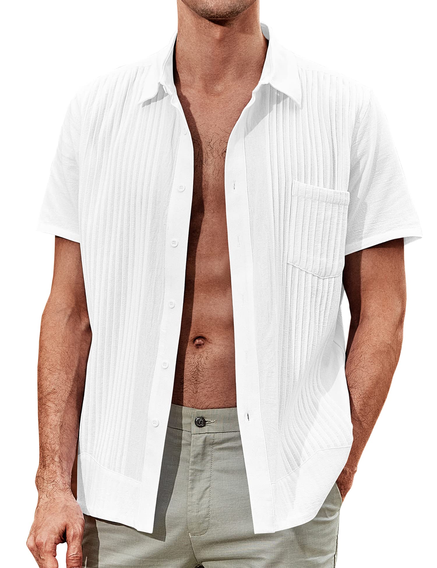 AstoSeu Men's Short Sleeve Cuban Guayabera Shirt - Breathable Linen Button Down Shirt for Beach Vacation, Summer Casual Wear & Tropical Outfits