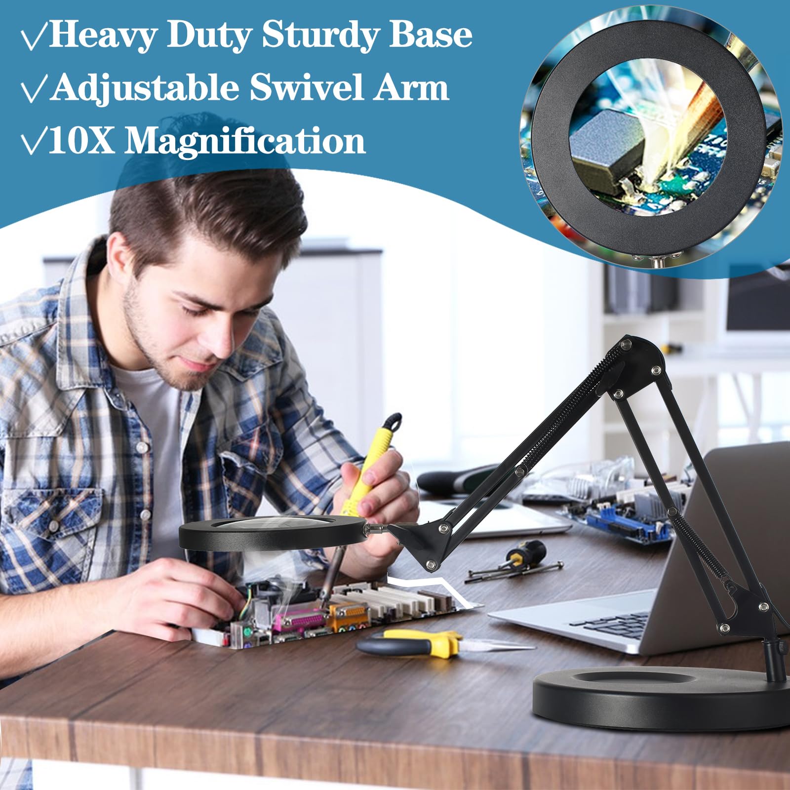 HITTI 10X Magnifying Glass with Light - 1800 Lumens Dimmable LED Desk Lamp, 3 Color Modes, 4.2