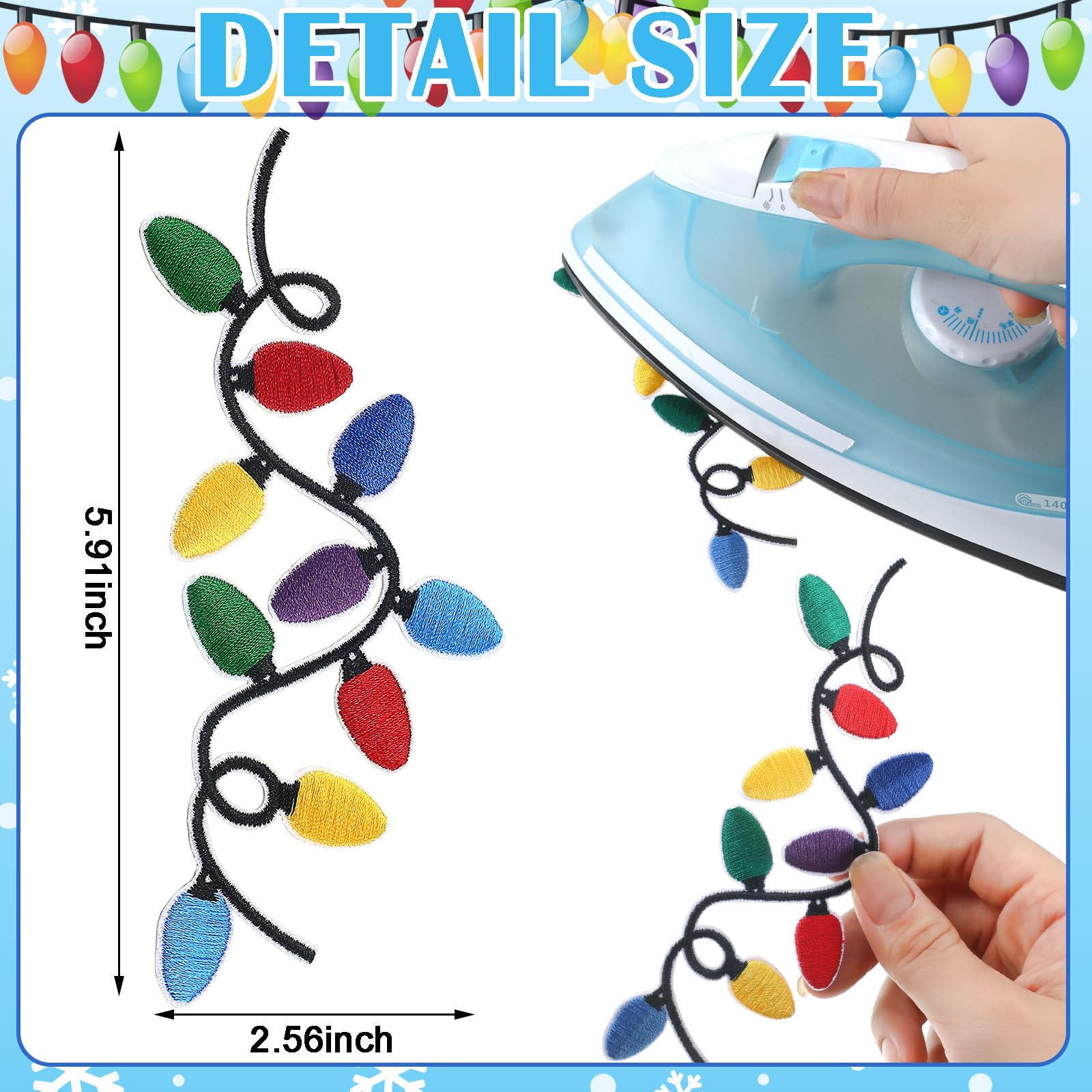 Hoolerry 14Pcs Christmas Iron on Patches - Holiday Lights Embroidery Appliques for DIY Crafts, Clothing, Jeans, Hats & Sweaters - Bulk Polyester Cotton Decorative Patches for Festive Home Decor & Gift Wrapping