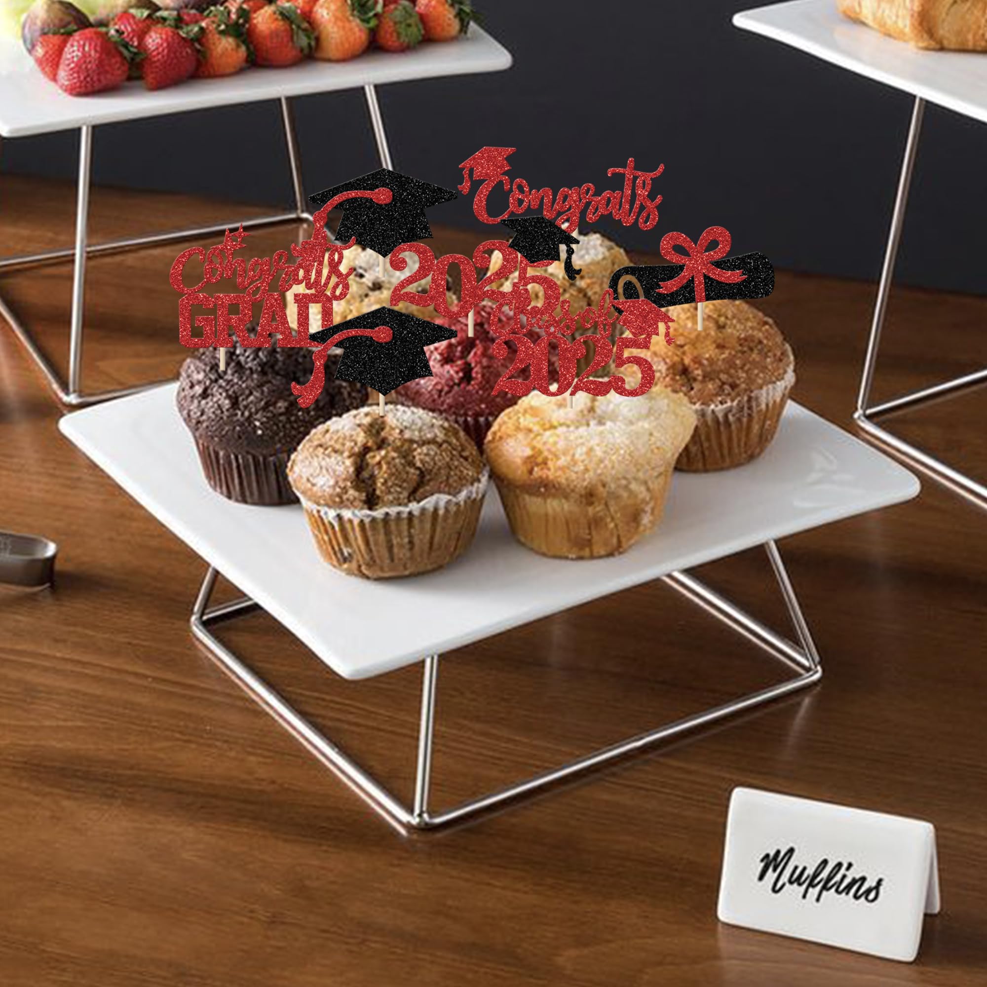 24 Pack Class of 2025 Graduation Cupcake Toppers - Glitter 2025 Congrats Grad Diploma Cap Cake Picks for Graduation Party Decorations (Red & Black) - Perfect for High School, College Graduation Celebrations & Themed Desserts