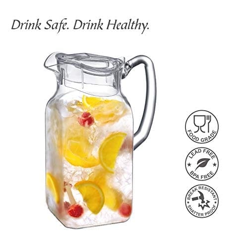 Quadly Acrylic Pitcher 64 oz - BPA Free Shatterproof Clear Plastic Pitcher with Lid - Perfect for Iced Tea, Sangria, Lemonade & Beverages - Ideal for Parties, Restaurants & Home Use