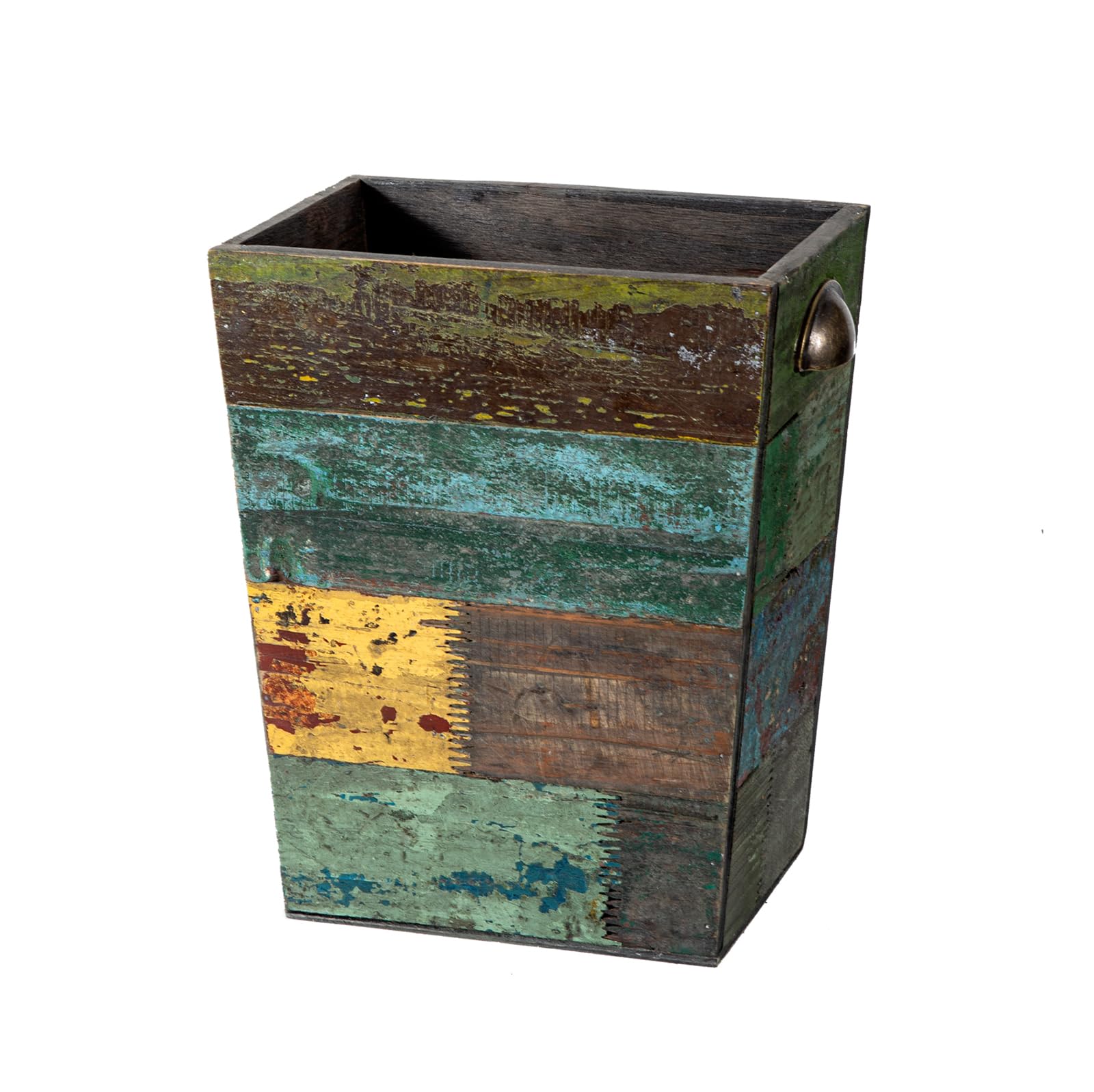 TIMRIS Small Wood Trash Can - Farmhouse Rectangular Waste Basket with Metal Handles, Rustic Distressed Boho Wooden Recycling Bin for Kitchen, Bathroom, Office & Living Room - Reclaimed Wood Storage Basket (Random)