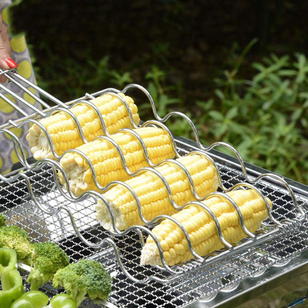 BESPORTBLE Stainless Steel Grill Basket - Corn BBQ Holder with Non-Stick Coating & Long Wooden Handle - Perfect for Home Kitchen, Outdoor Barbecue, Camping, and Backyard Party Accessories