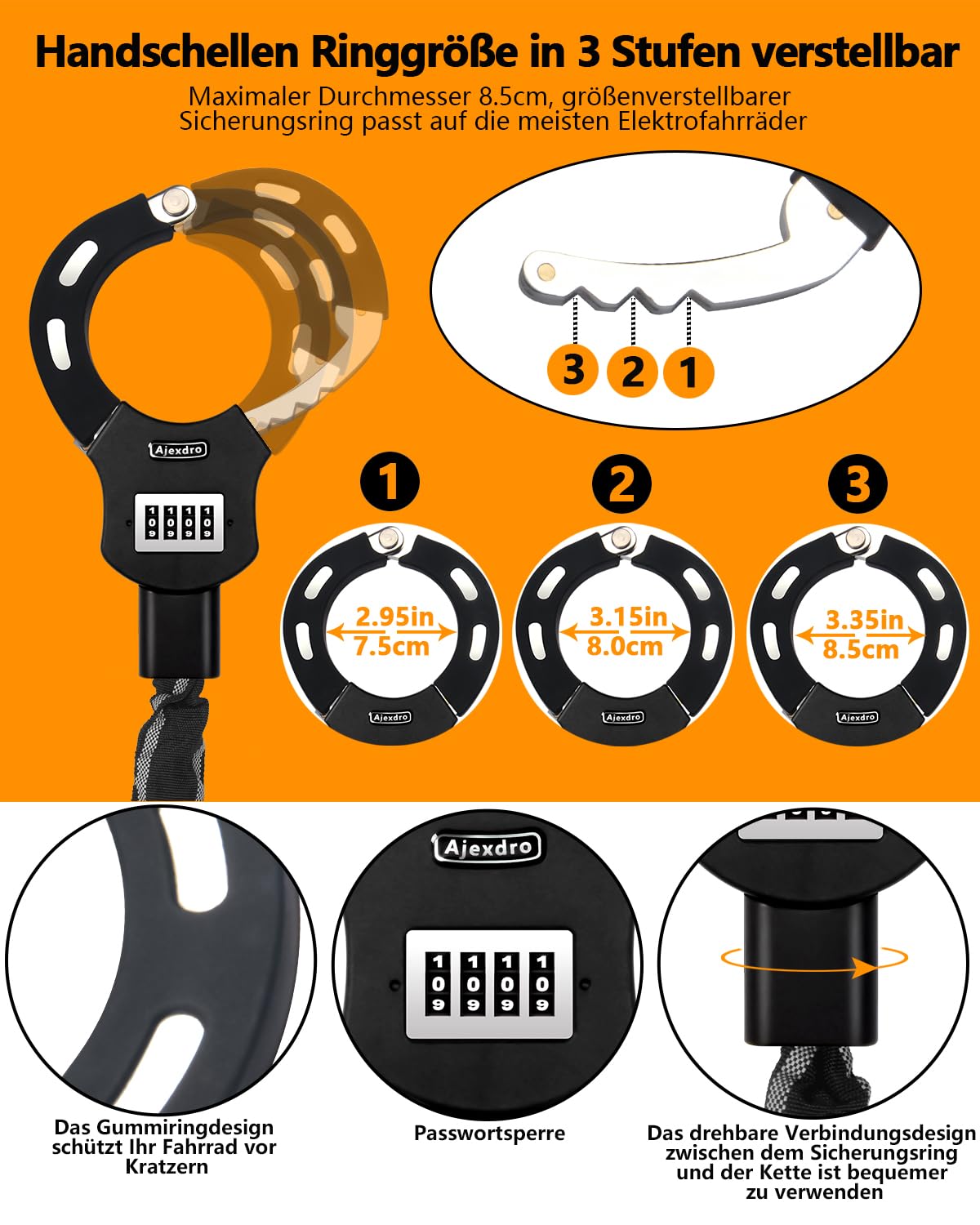 High Security 90cm E Scooter & Bicycle Combination Chain Lock with Rubber Sleeve - Handcuff Style Password Lock for Electric Scooters, Bikes, Skateboards - Perfect for Urban Commuting, Campus Security & Outdoor Activities