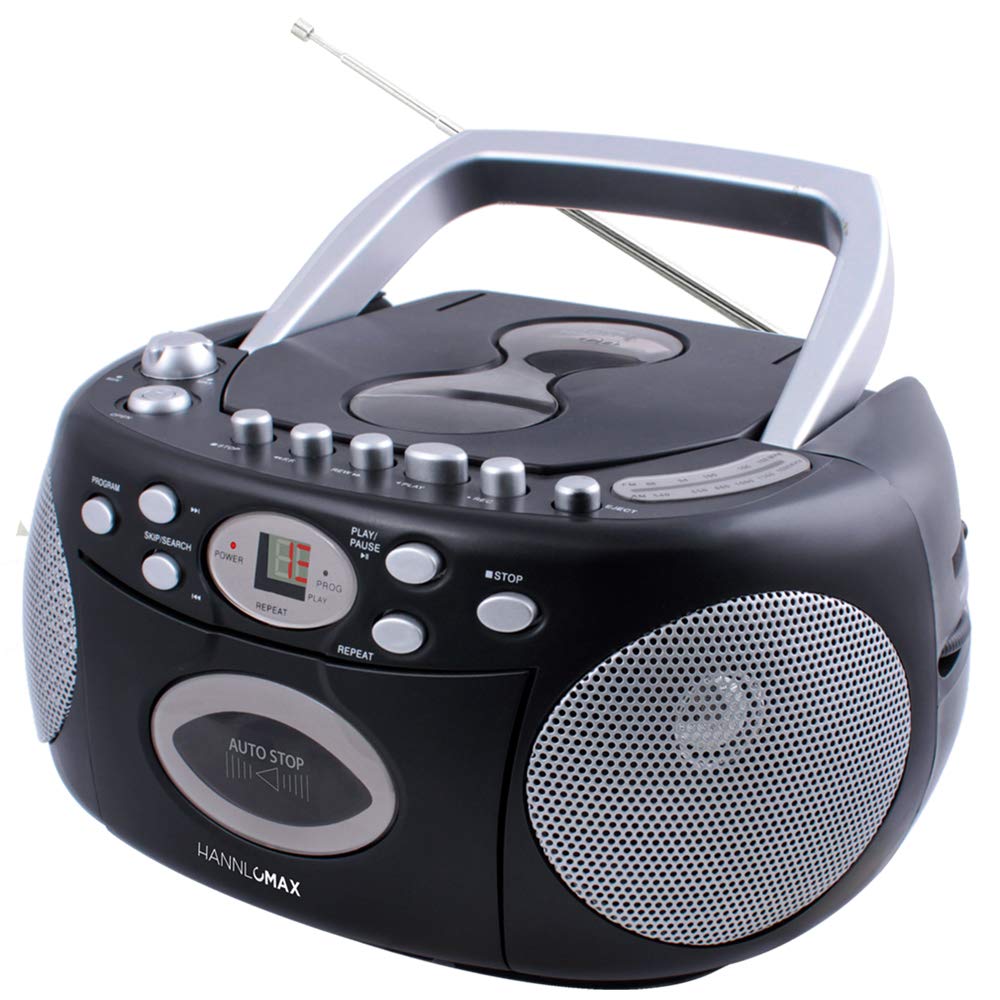 HANNLOMAX HX-323CD Portable CD Player with AM/FM Radio & Cassette Recorder - Records from CD/Radio, 3.5mm Headphone Jack, AC/DC Power - Perfect for Home, Car, Travel & Vintage Music Lovers (Black)