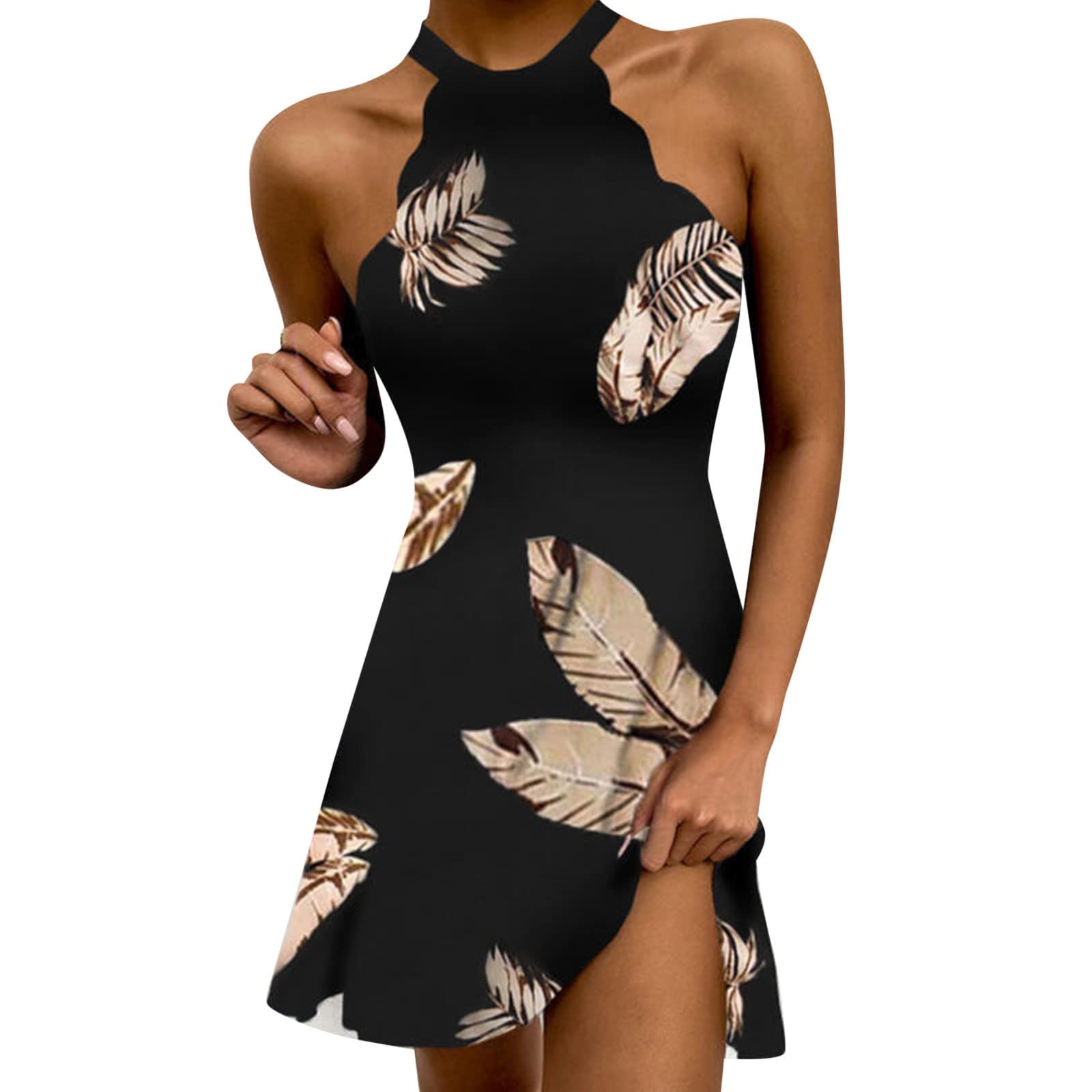 Women's Halter Printed Mini Dress - Sleeveless Scalloped Sundress for Summer, Beach Vacation & Party Wear | Perfect for Poolside, Tropical Getaways & Date Nights