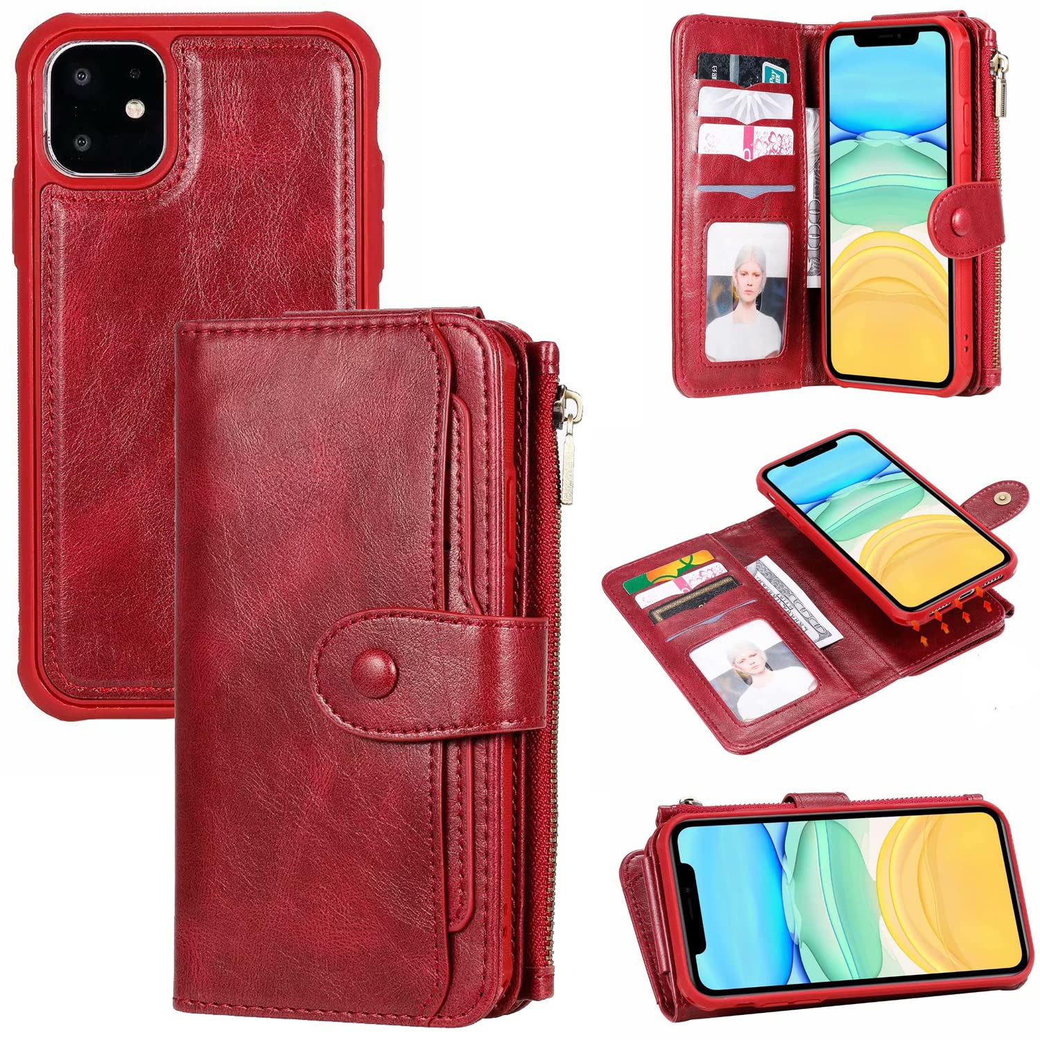 Premium 2-in-1 Magnetic Detachable Wallet Case for Apple iPhone 11 Pro - Luxury Leather Flip Cover with Zipper Card Holder & Strong Magnets (Wine Red) | Perfect for Business, Travel & Everyday Use