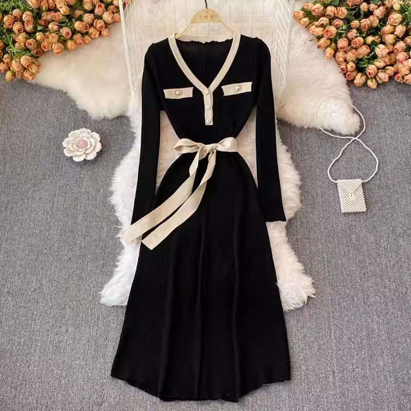 Elegant V-Neck Knit Sweater Dress for Women - Korean Style Winter Long Skirt with Belt | Perfect for Office, Date Night & Holiday Parties