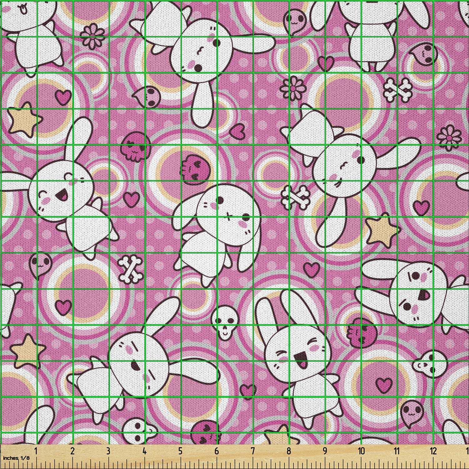 Ambesonne Anime Fabric by The Yard - Kawaii Rabbit Animal Print Microfiber Material for DIY Crafts, Sewing & Home Decor (10 Yards, White & Pink) | Perfect for Pillows, Curtains & Quilting Projects