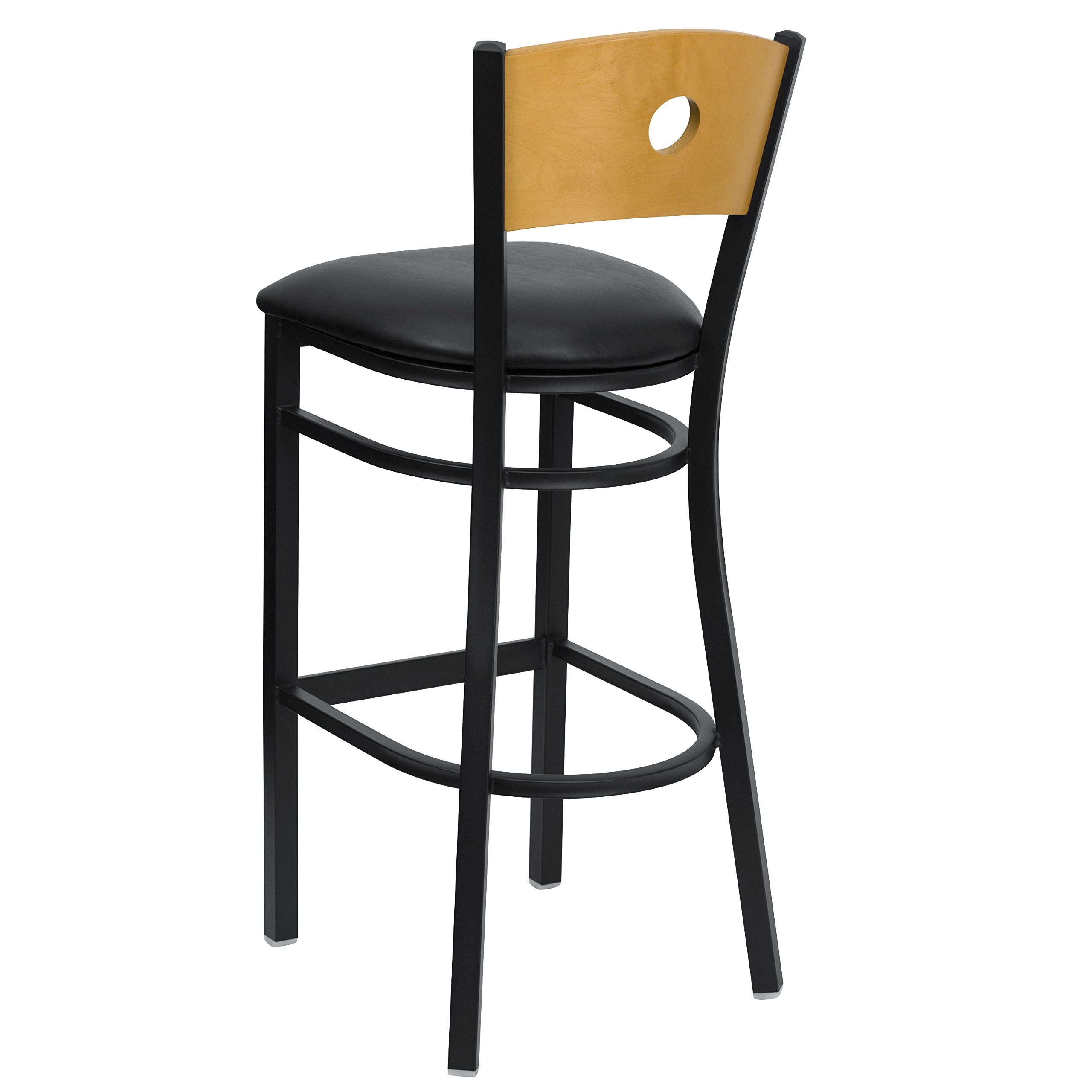EMMA & OLIVER Black Metal Circle Back Barstool with Wood Back & Black Vinyl Seat - Modern Kitchen Island, Bar Counter, or Dining Room Stool for Home & Restaurant Use