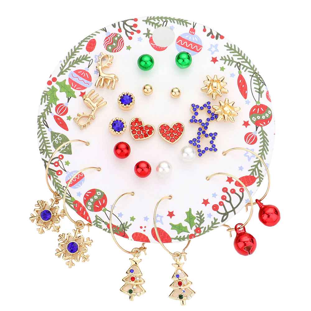 12 Pairs Christmas Tree Snowflake Heart Star Pearl Earrings Set for Holiday Parties Gifts & Festive Occasions