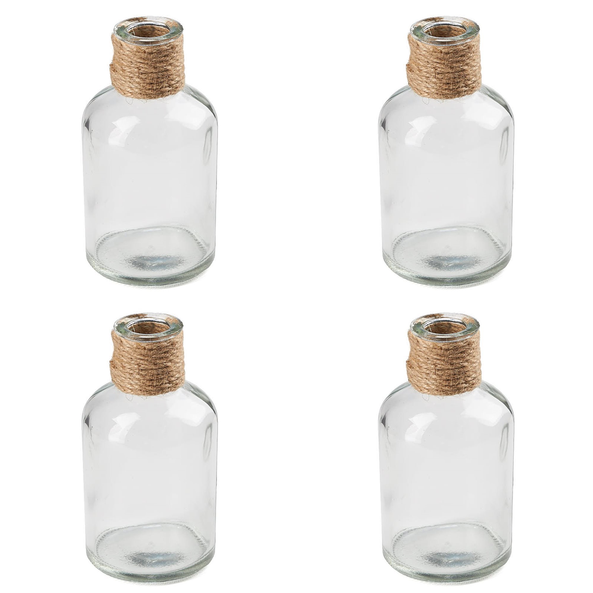 Handmade Clear Glass Apothecary Bottles with Jute Wrapped Neck - Set of 4 Small Decorative Jars for DIY Crafts, Wedding Centerpieces, Bathroom Storage & Home Decor
