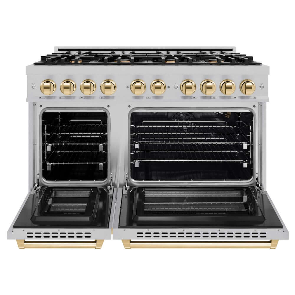 ZLINE Autograph Edition 48-Inch 6.7 cu. ft. Professional Double Oven Gas Range with 8 Burner Cooktop - Satin Stainless Steel & Polished Gold Accents (HGRSZ 48 G) - Perfect for Large Kitchens, Gourmet Cooking & Entertaining