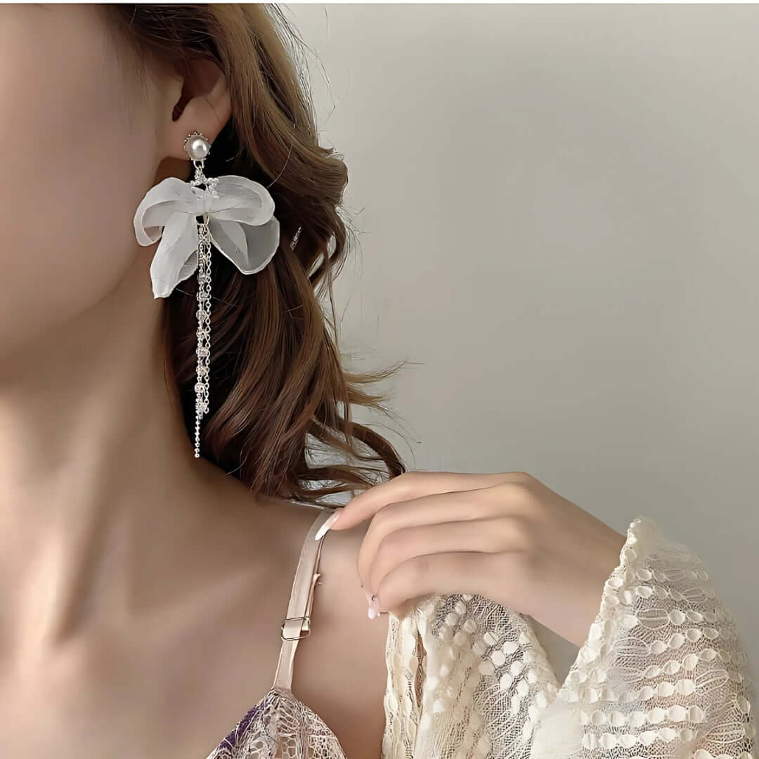 Elegant Chiffon Pearl Bow Drop Earrings for Women - Long Chain Dangle Earrings with Pearl Accents | Perfect for Weddings, Parties & Special Occasions