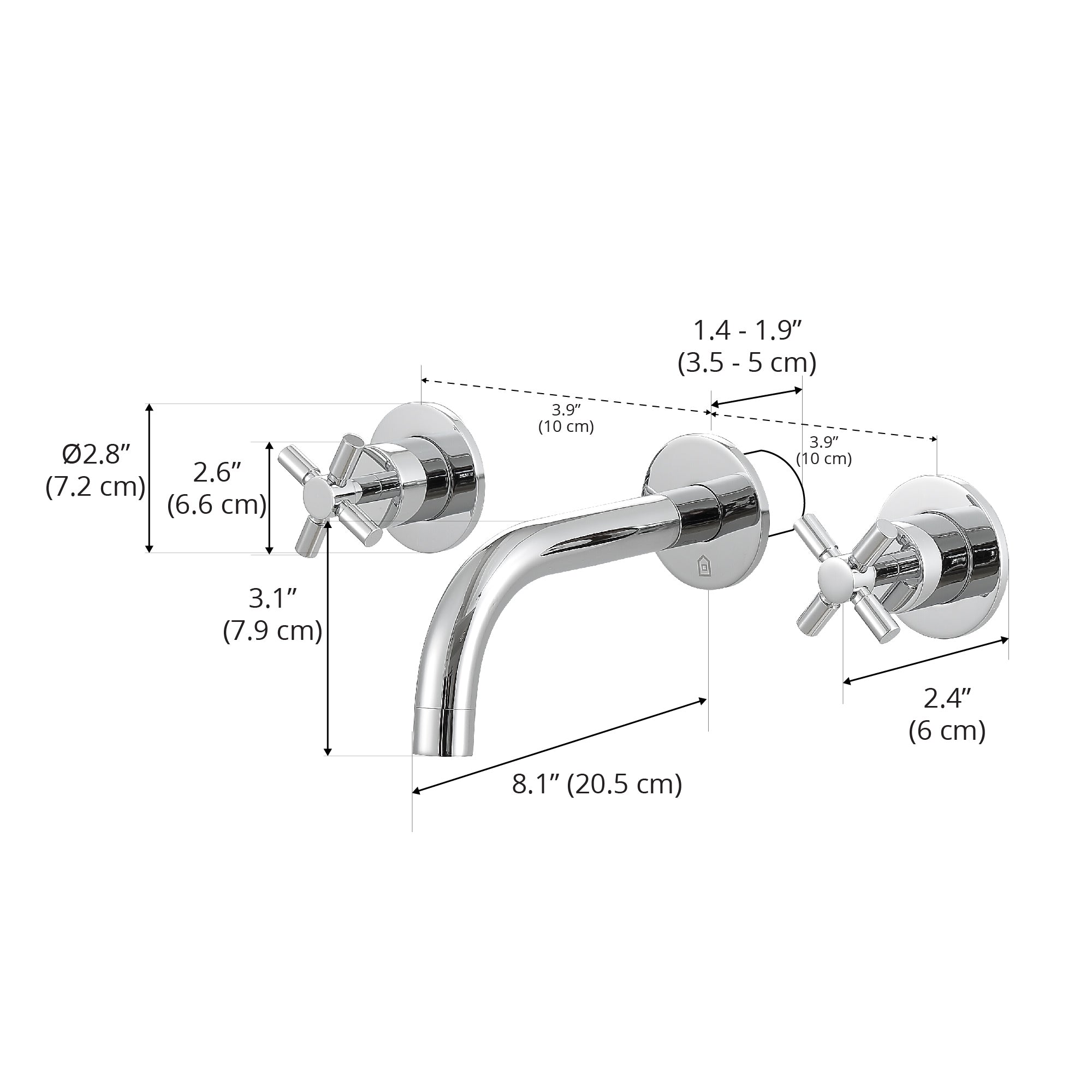 Ancona Prima Two Handle Wall Mounted Bathroom Faucet in Chrome - Modern Waterfall Spout for Vanity Sink, Powder Room & Guest Bath Installation