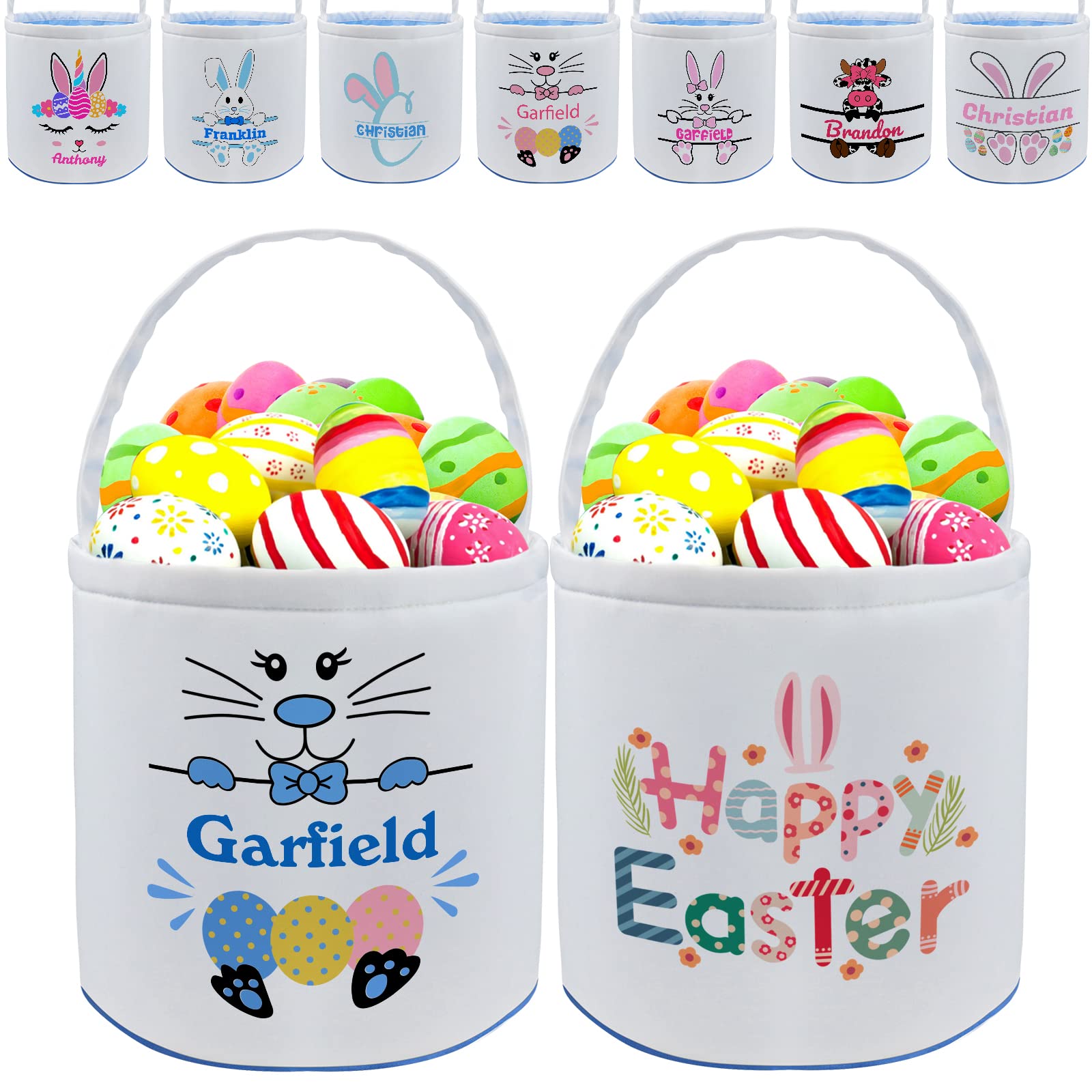 Personalized Easter Basket with Name - Custom Candy Egg & Bunny Tote Bag for Girls & Boys - Perfect Easter Gift & Home Decoration in Blue - Great for Easter Egg Hunts, Party Favors & Spring Celebrations