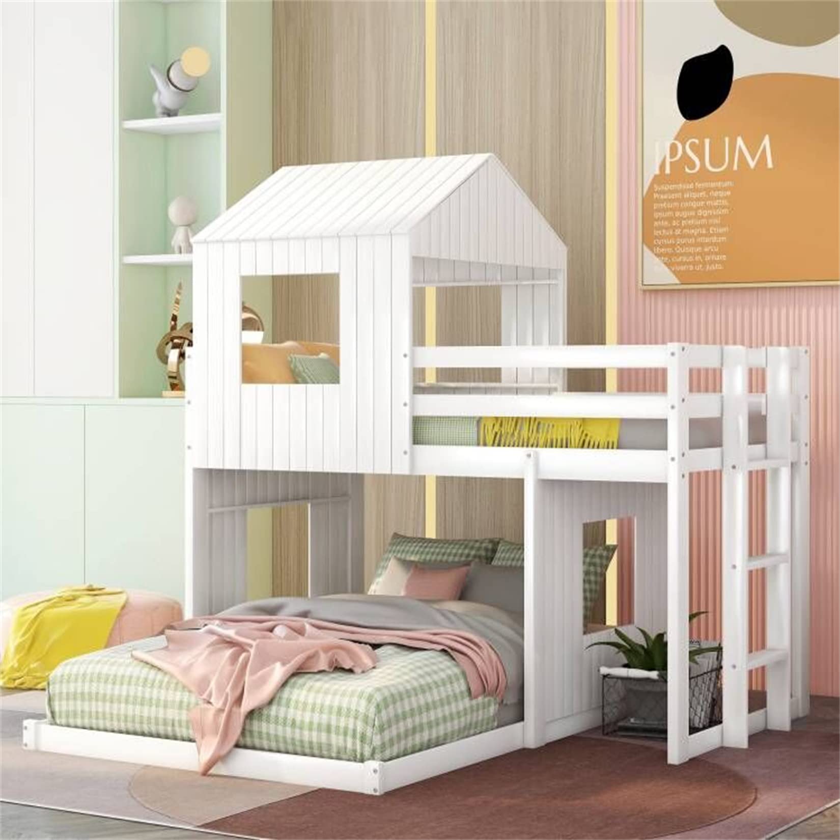 Harper & Bright Twin Over Full Bunk Bed - Wood Playhouse for Kids, White | Space-Saving Kids Room Furniture