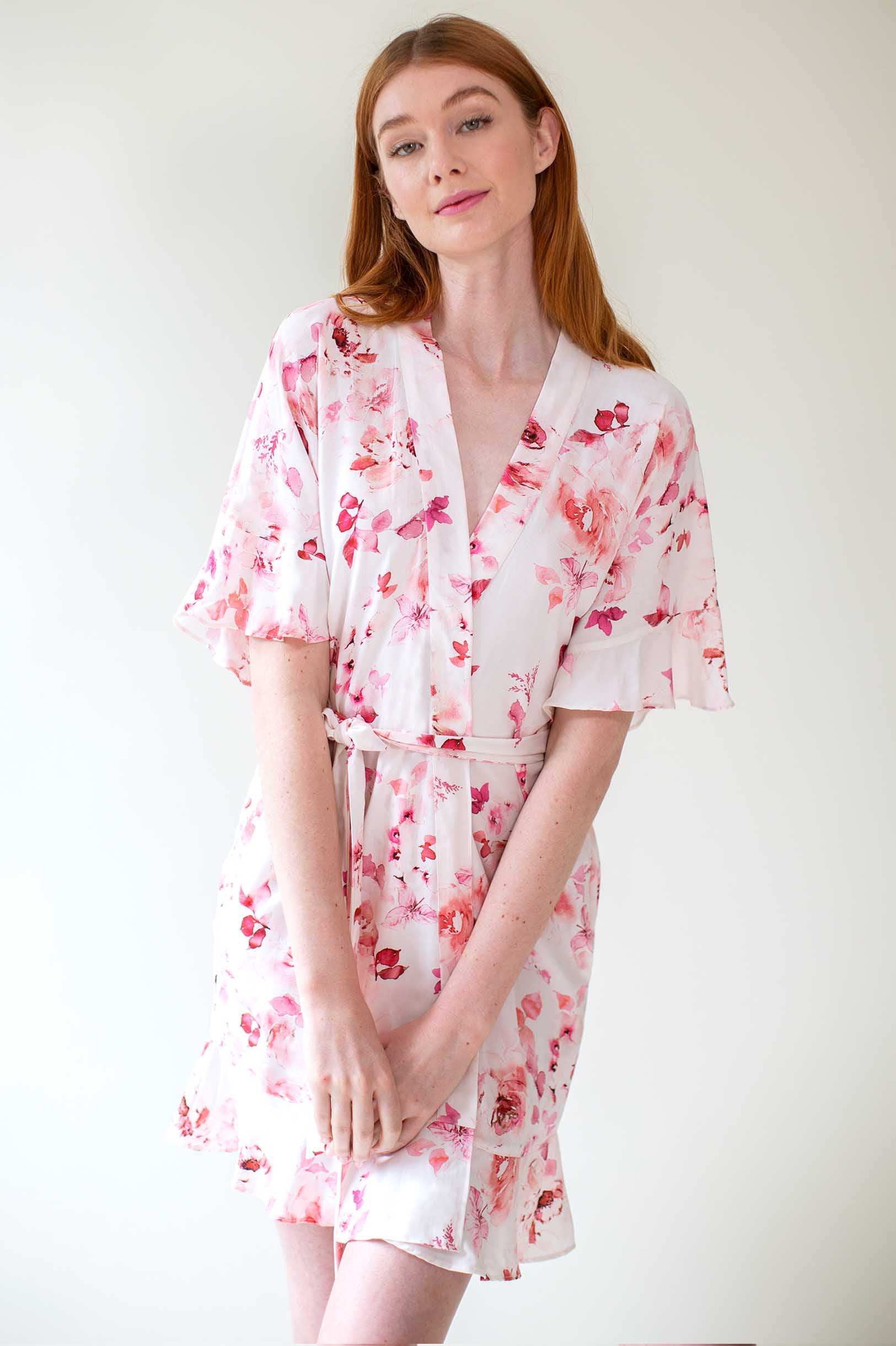 Botanical Love Flounce Robe in Pink Floral - Elegant Loungewear for Women, Perfect for Spa Days, Bridal Showers & Relaxing at Home