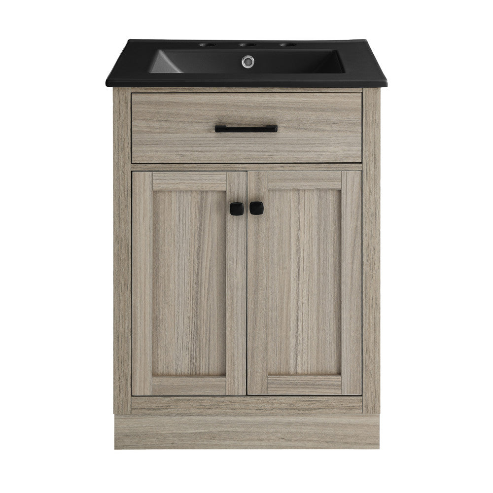 Burdon 24 Inch Brown Oak Bathroom Vanity with Black 3-Hole Ceramic Sink Top - Modern Vanity for Bathroom Remodel, Small Space, and Powder Room Upgrade