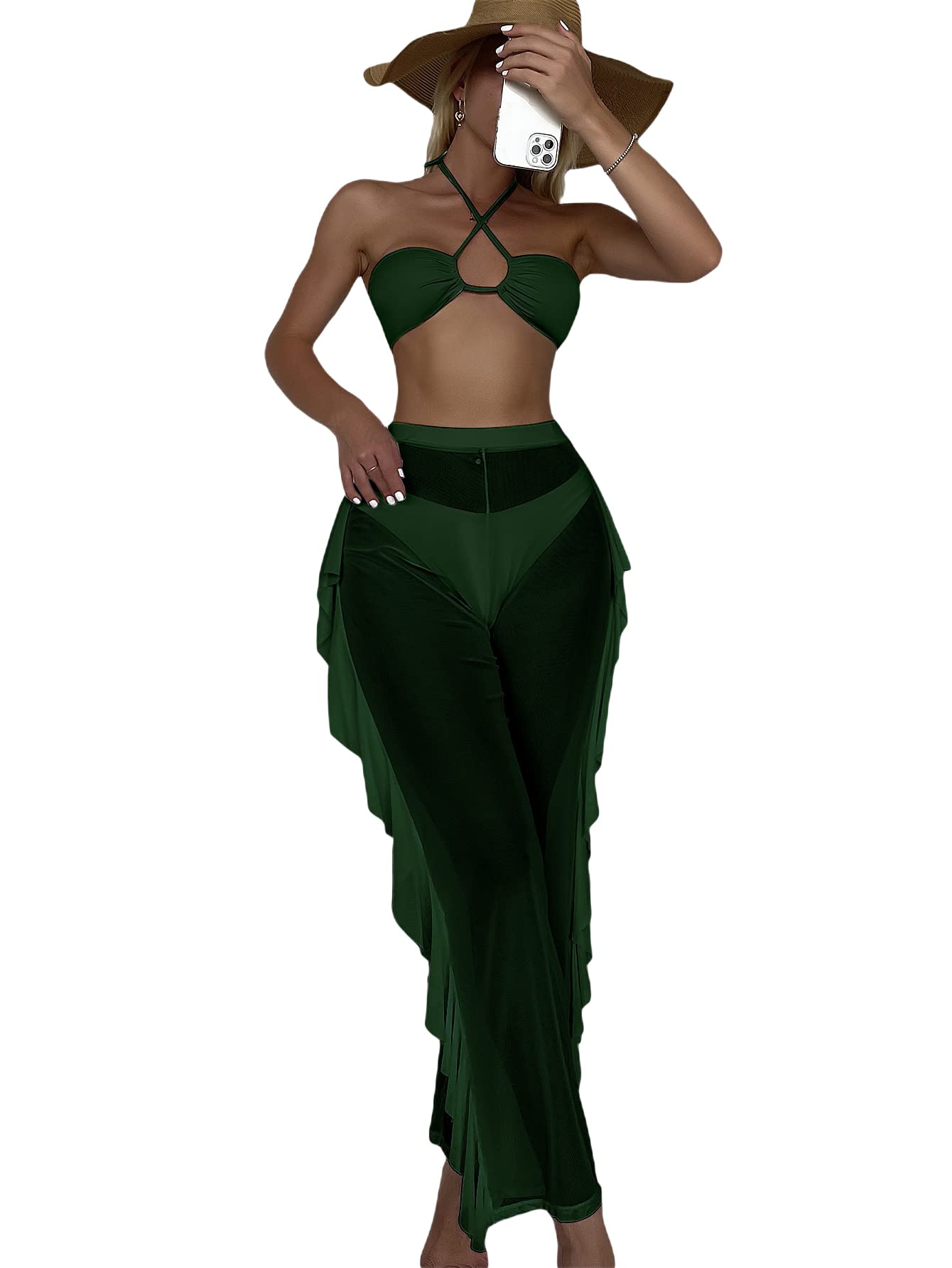 MakeMeChic Women's 3 Piece Swimsuit Set - Solid Halter Bikini with Ruffle Sheer Cover Up - Perfect for Beach, Pool Party & Summer Vacation