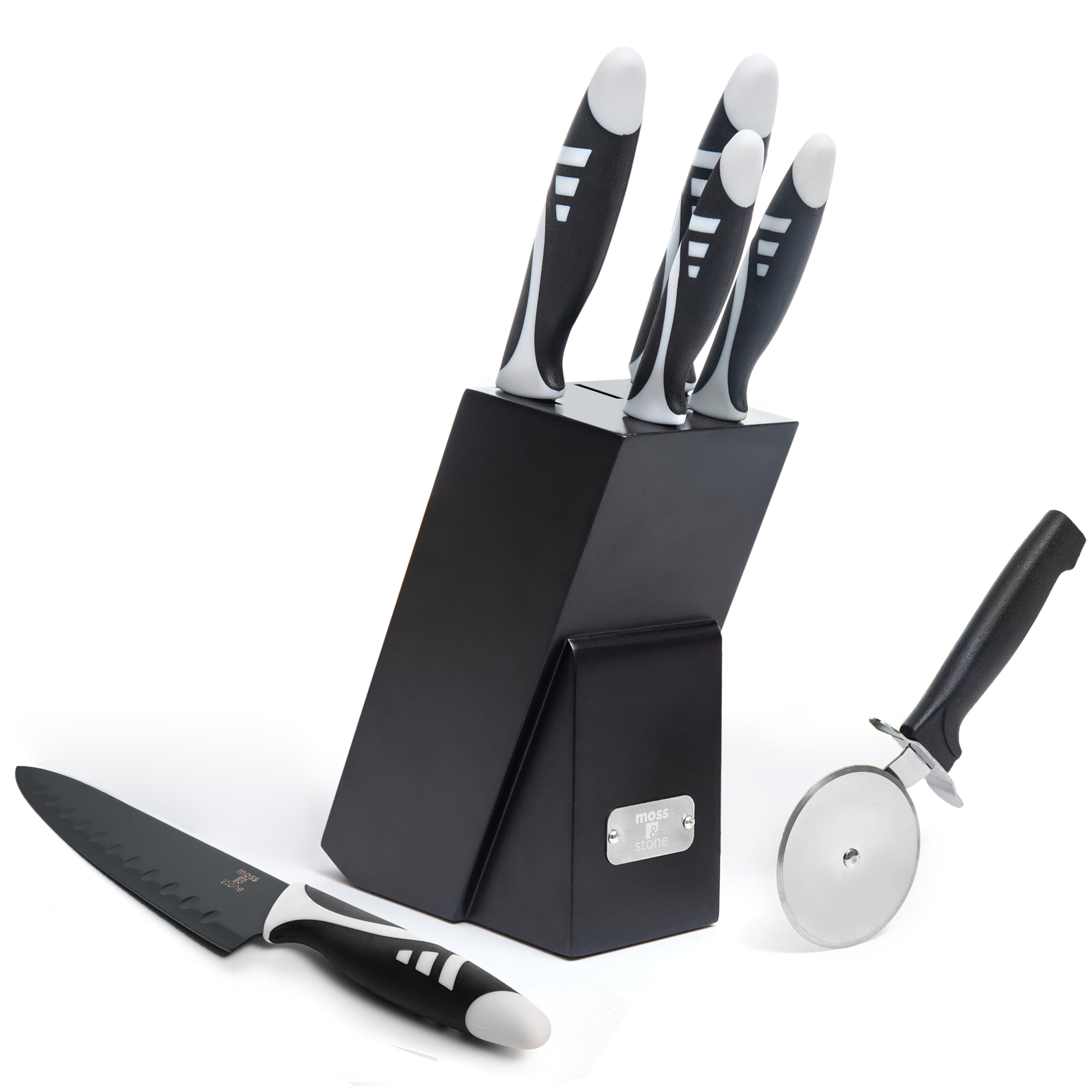 7-Piece Professional Kitchen Knife Set with Block - Black Titanium Plated Stainless Steel Chef Knives - Rust Proof & Scratch Resistant Sharp Knives for Cooking, Slicing, Dicing - Perfect for Home Chefs & Professional Kitchens