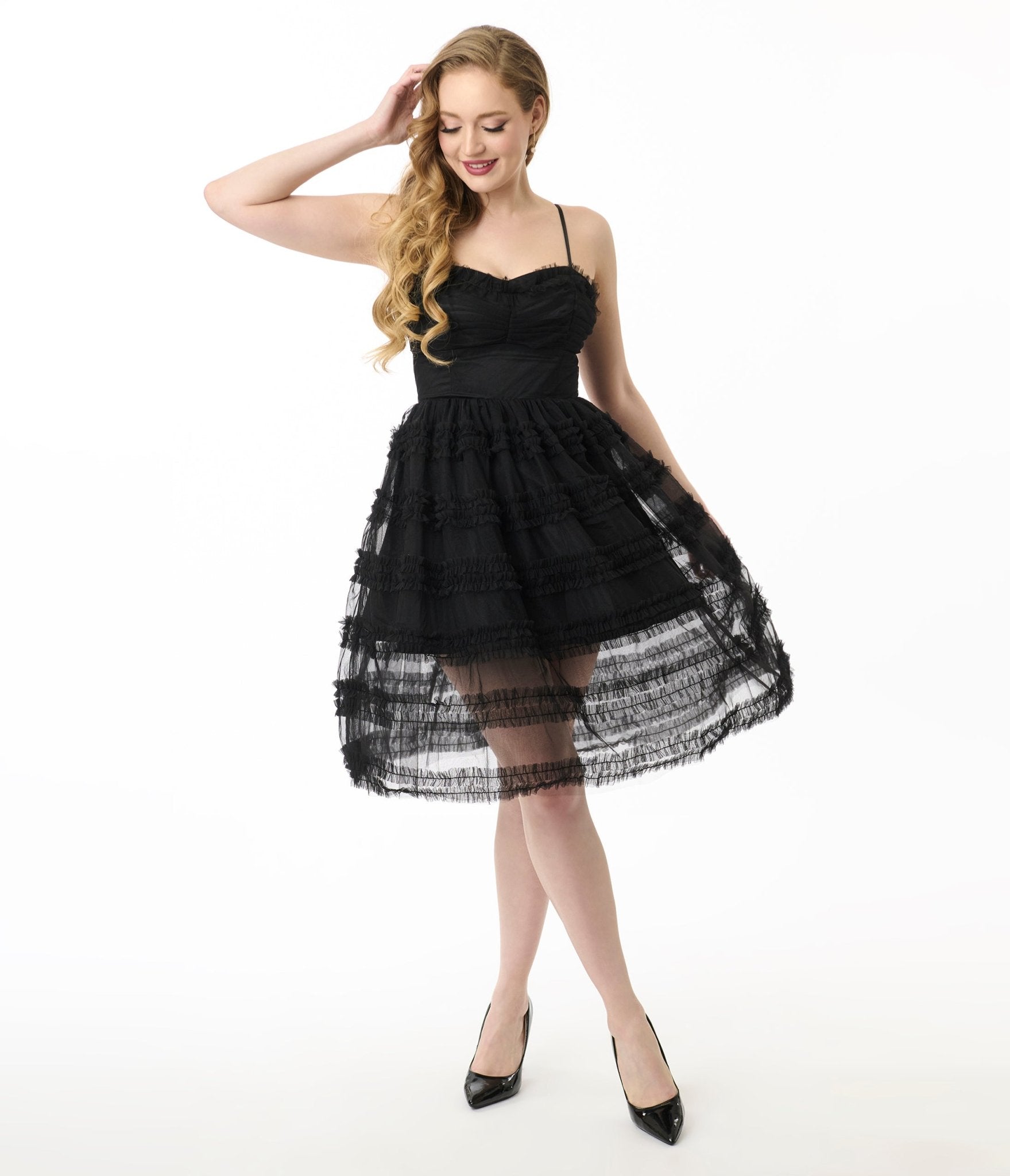 Unique Vintage Black Tiered Sheer Midi Dress for Women | Elegant Lace Flowy Party Dress | Perfect for Cocktail Parties, Date Nights & Special Occasions