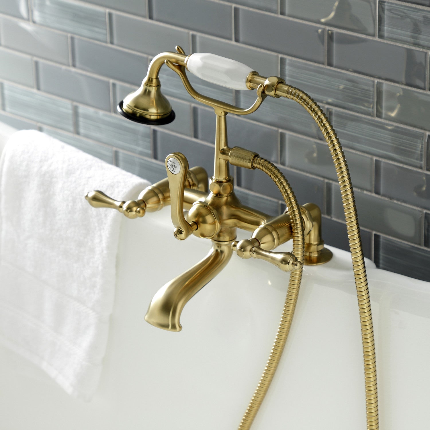 Vintage Clawfoot Tub Faucet with Hand Shower - Brushed Brass 3-Handle 2-Hole Deck Mount Bathroom Fixture for Classic & Modern Bathrooms | Perfect for Freestanding Tubs, Luxury Bathrooms & Spa Retreats