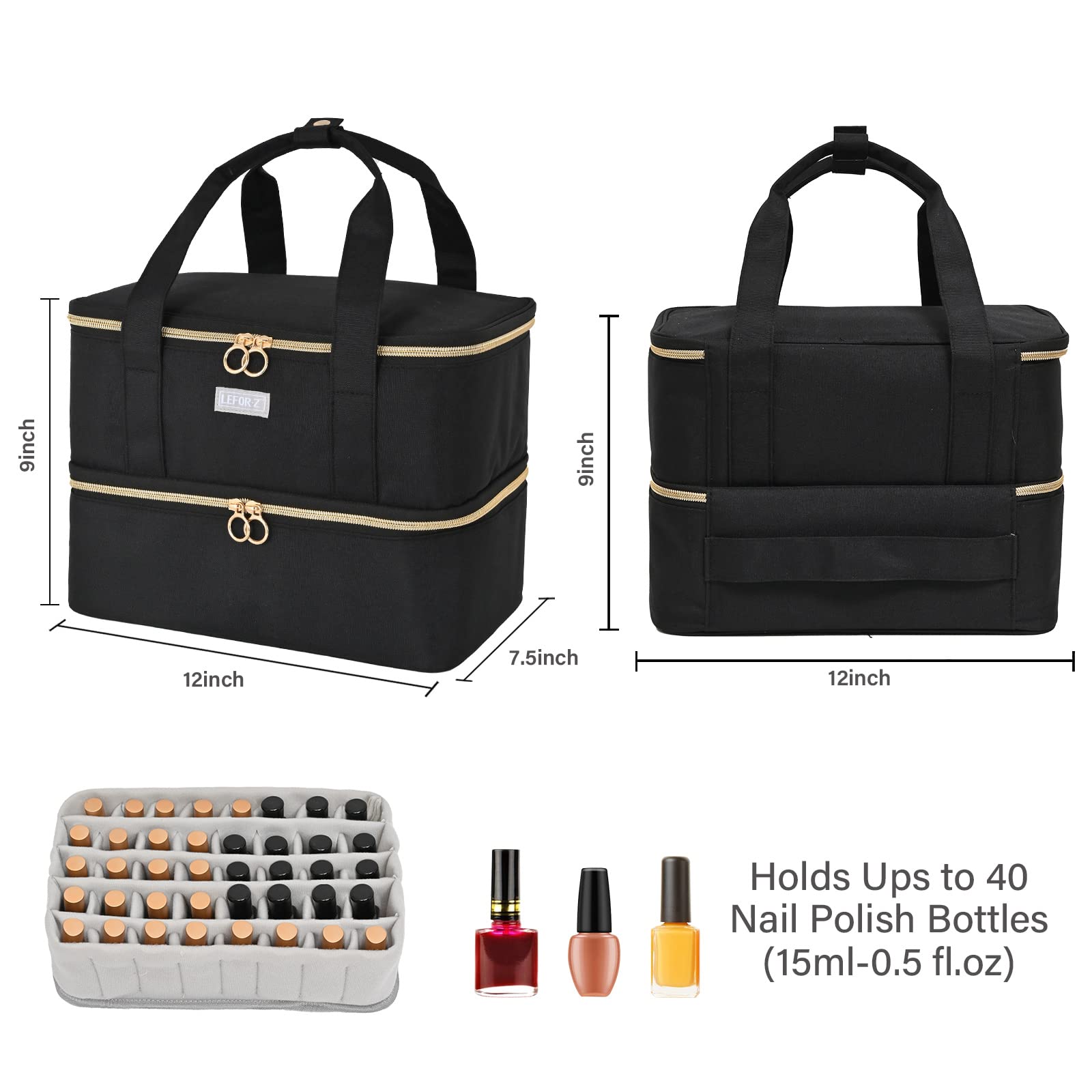 Double-Layer Nail Polish Organizer & Storage Case - Holds 40 Bottles (15ml/0.5oz) & Nail Lamp - Portable Nail Art Supplies Holder for Travel, Salon & Home Manicure Organization