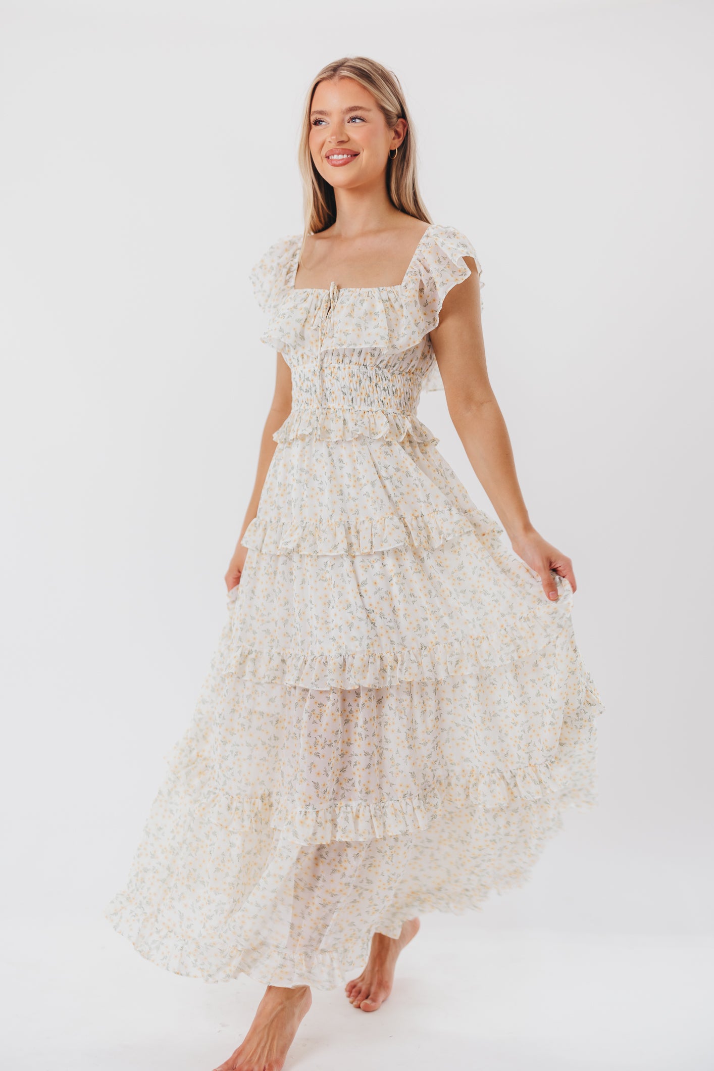 Astrid Ruffle Detail Maxi Dress - Yellow Floral Maternity Dress for Pregnancy | Bump Friendly, Comfortable & Stylish for Baby Showers, Maternity Photos & Summer Occasions