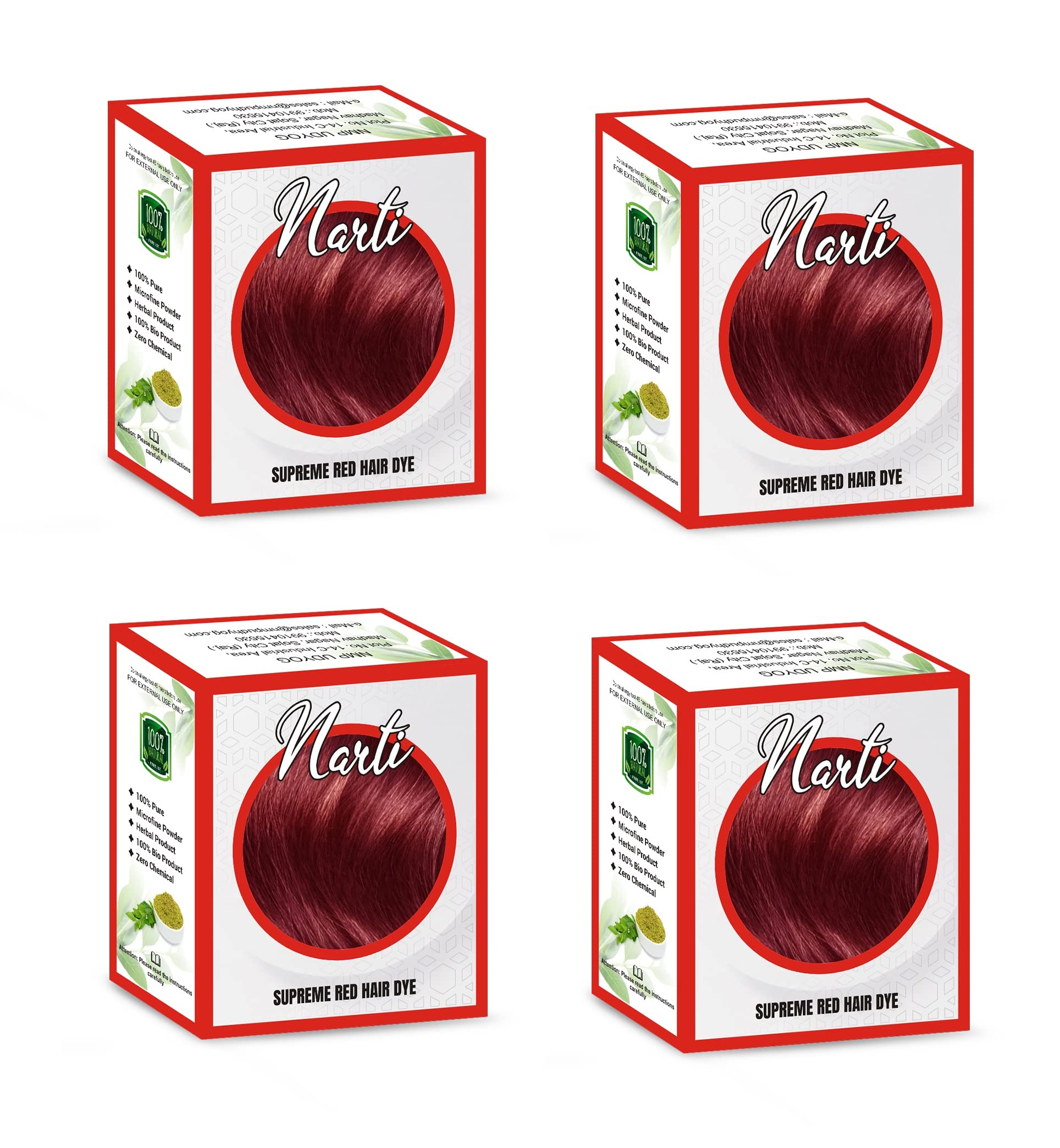 NARTI Natural Hair Dye Kit - 100% Pure Herbal Hair Color with Gloves, Shower Cap & Brush | Ammonia-Free Microfine Powder | DIY Hair Coloring at Home (Pack of 4, Supreme Red) | Perfect for Salon-Quality Results & Gentle Root Touch-Ups