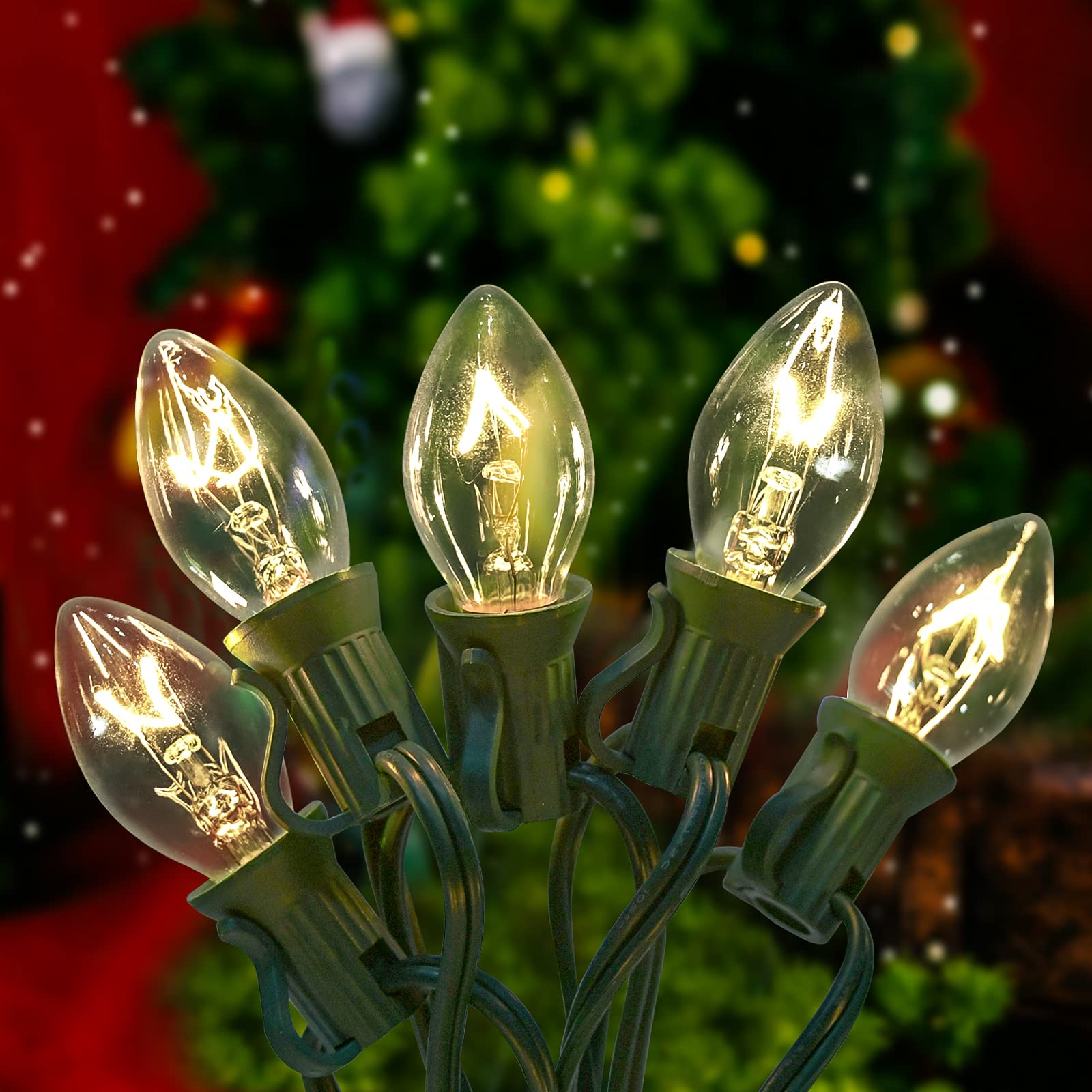 Vintage C7 Christmas String Lights - 25Ft Clear Outdoor Lights with 27+2 Spare Incandescent Bulbs | Green Wire for Backyard, Wedding, Party & Holiday Decorations | Perfect for Christmas Tree, Patio, Garden & Porch Lighting