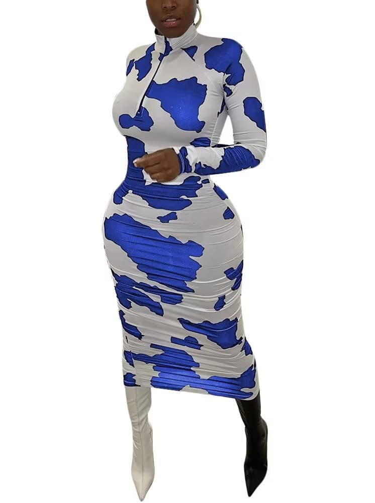 OLUOLIN Women's Elegant Long Sleeve Bodycon Dress - Stretchy Tie Dye Floral Print Midi Dress for Women | Perfect for Date Night, Office Wear & Special Occasions
