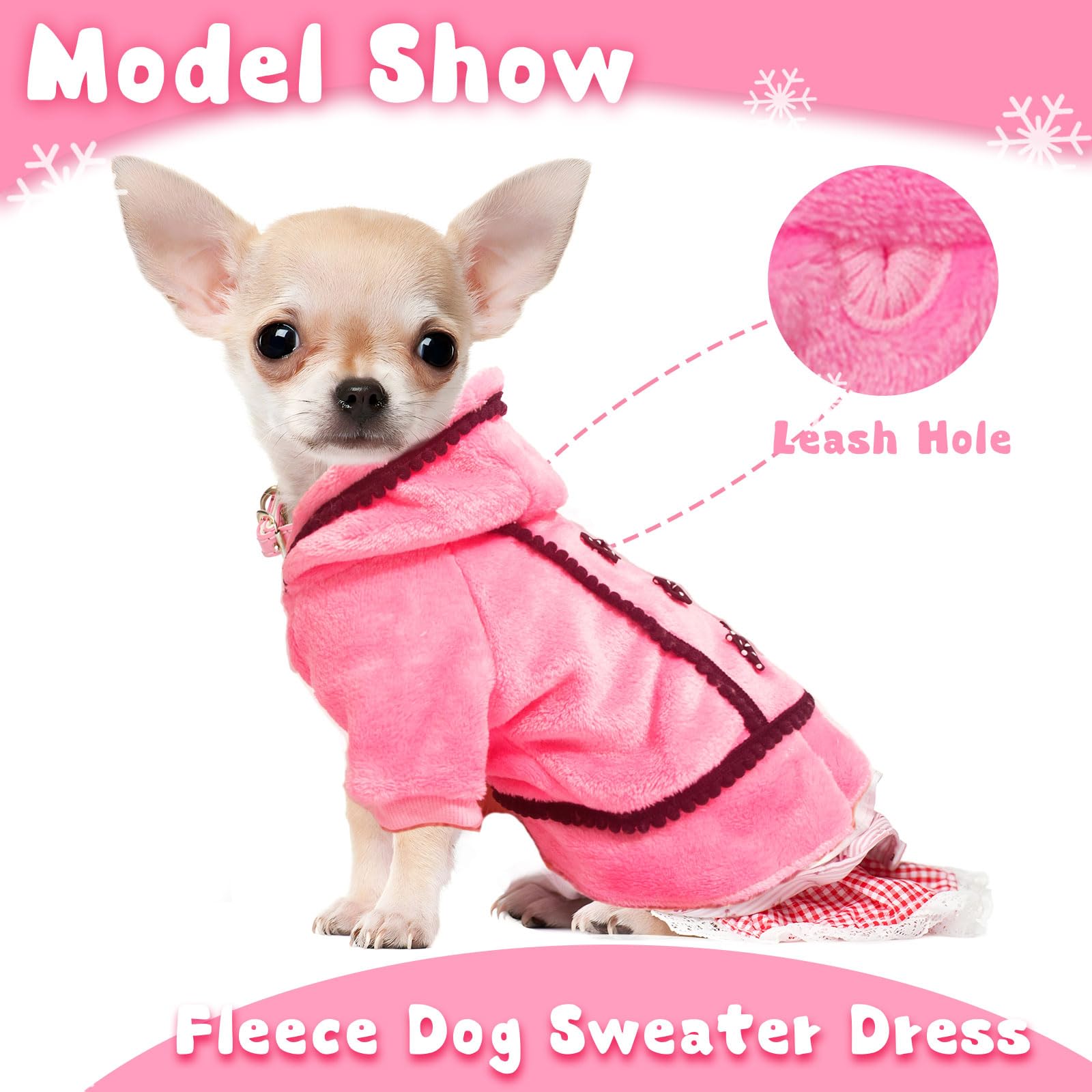 Warm Fleece Dog Sweater for Small Dogs - Cute Pink Puppy Hoodie with Bowtie & Leash Hole | Winter Chihuahua Clothes for Cold Weather (X-Small) | Perfect for Outdoor Walks & Indoor Cozy Time