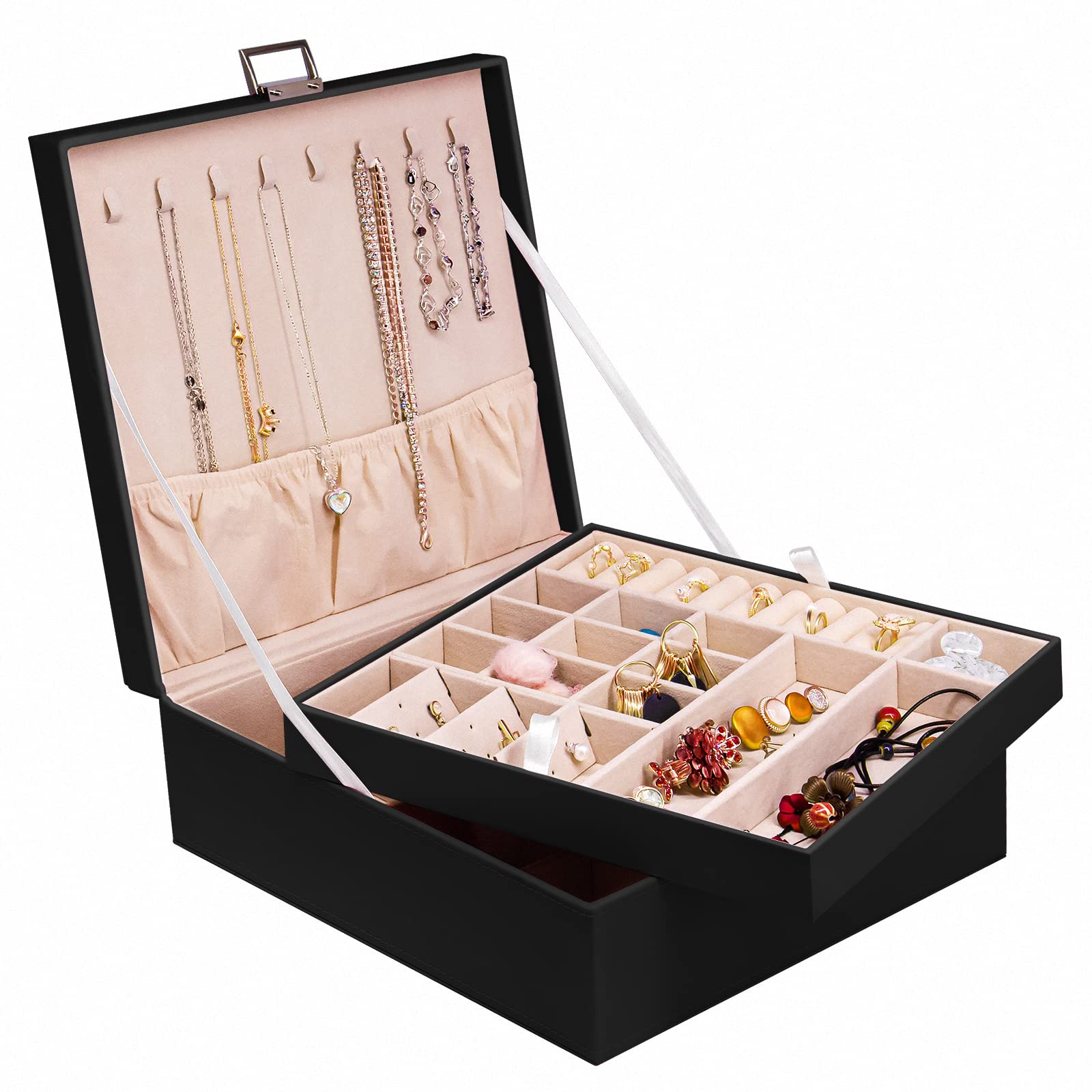 Tovendor 2-Layer Jewelry Box Organizer for Women - PU Leather Jewelry Storage Case with Velvet Lining, 10.2x10.2x3.5 Inches, Solid Black - Perfect for Travel, Home Decor & Gift Giving